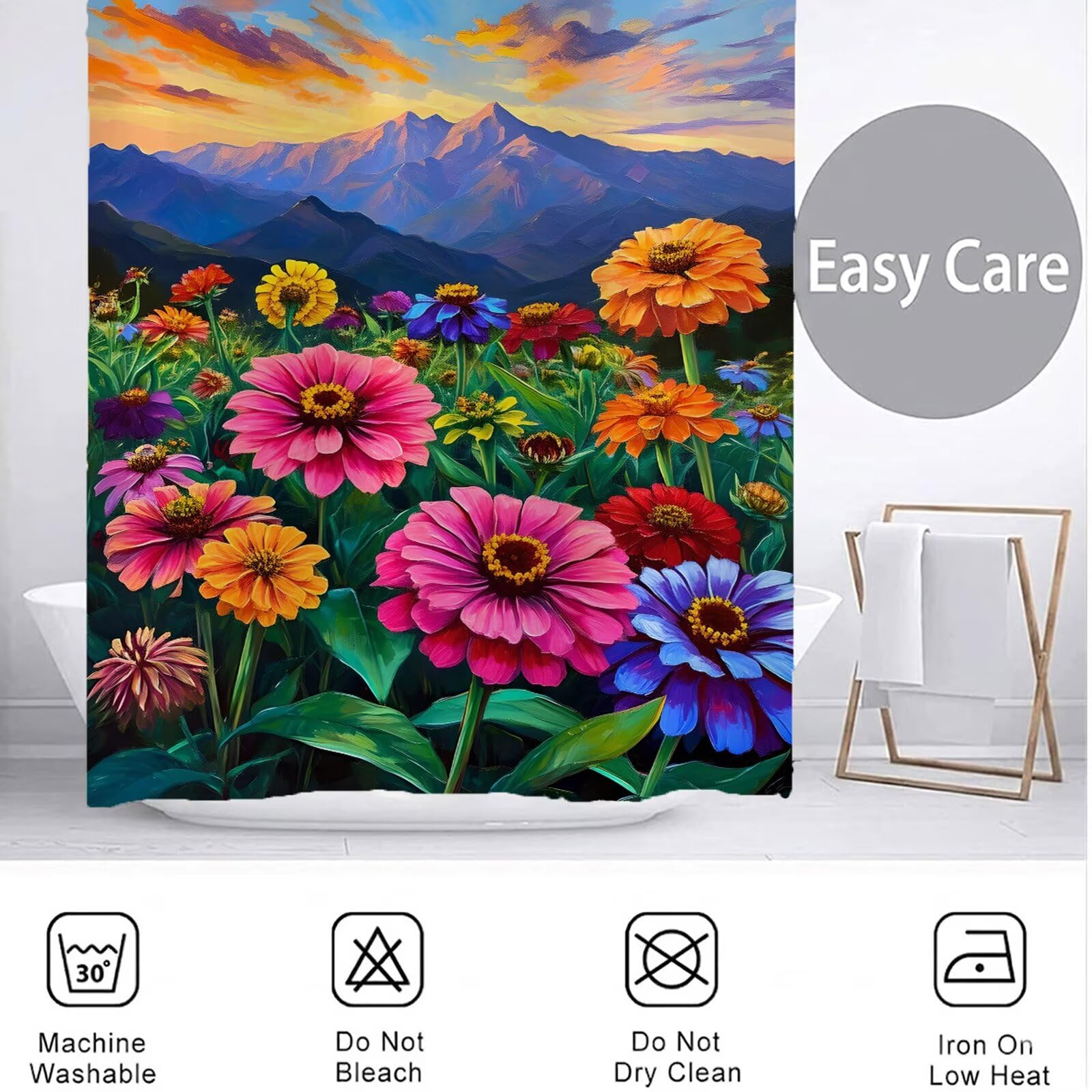 Duschvorhang 180x220 cm Blume Shower Curtains Berg mit Gewicht und 12 Plastik Haken, Anti Schimmel Wasserdicht, Waschbar Schnelltrocknender Polyester Stoff, Dekorative Vorhang für Bad Badewanne 6H-265