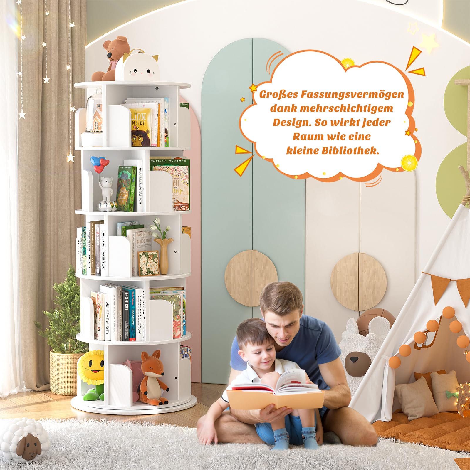 iSunirm 5-stöckiges drehbares Bücherregal, drehbarer Bücherregalturm aus Holz, rundes, um 360 Grad drehbares Bücherregal, Eck-Organizer für kleine Räume, Schlafzimmer, Büro, weiß