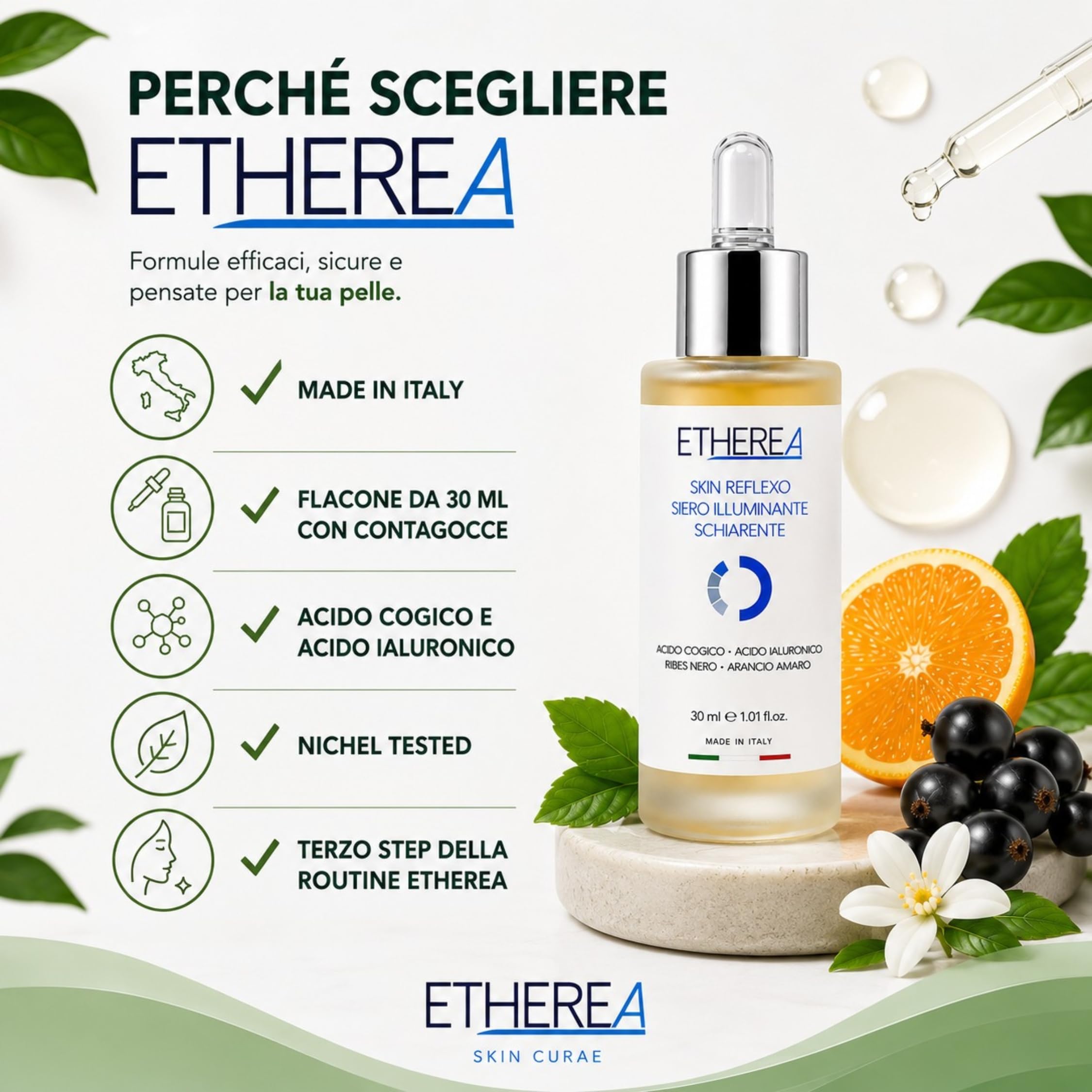 REMEDIA ONE Etherea Siero Viso Illuminante Schiarente Antimacchia, 30 ml | Illuminante Viso Antimacchia con Acido Cogico, Acido Ialuronico ed Estratti di Ribes Nero e Arancio Amaro, Nichel Tested