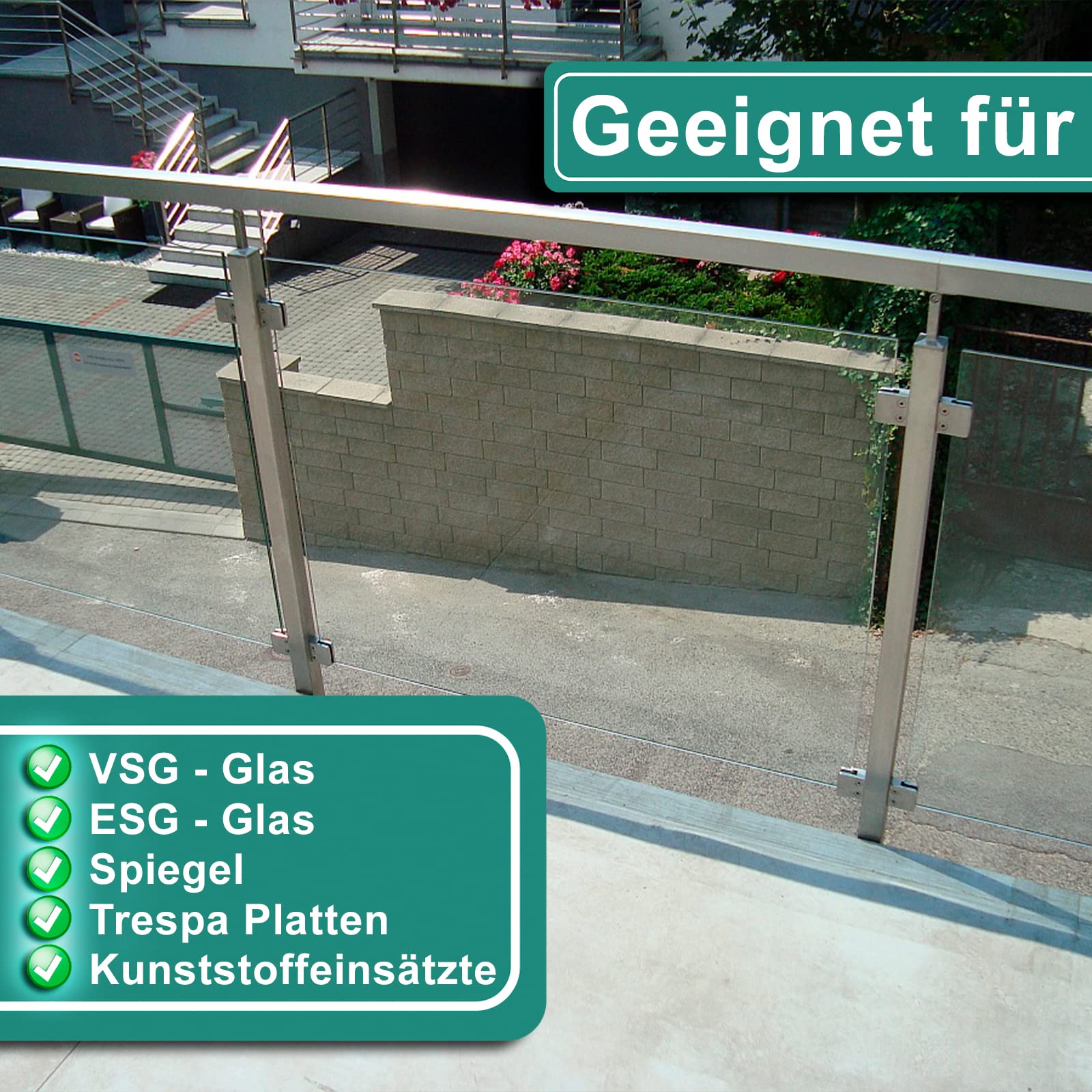 PRIOstahl Glashalter 4 Stück Glasklemme Klemmhalter Glashalter mit Sicherungsplatte + Sicherungsstift 52 x 52 x 32 mm Anschluss: Flach für Glas 8 mm aus Edelstahl V2A