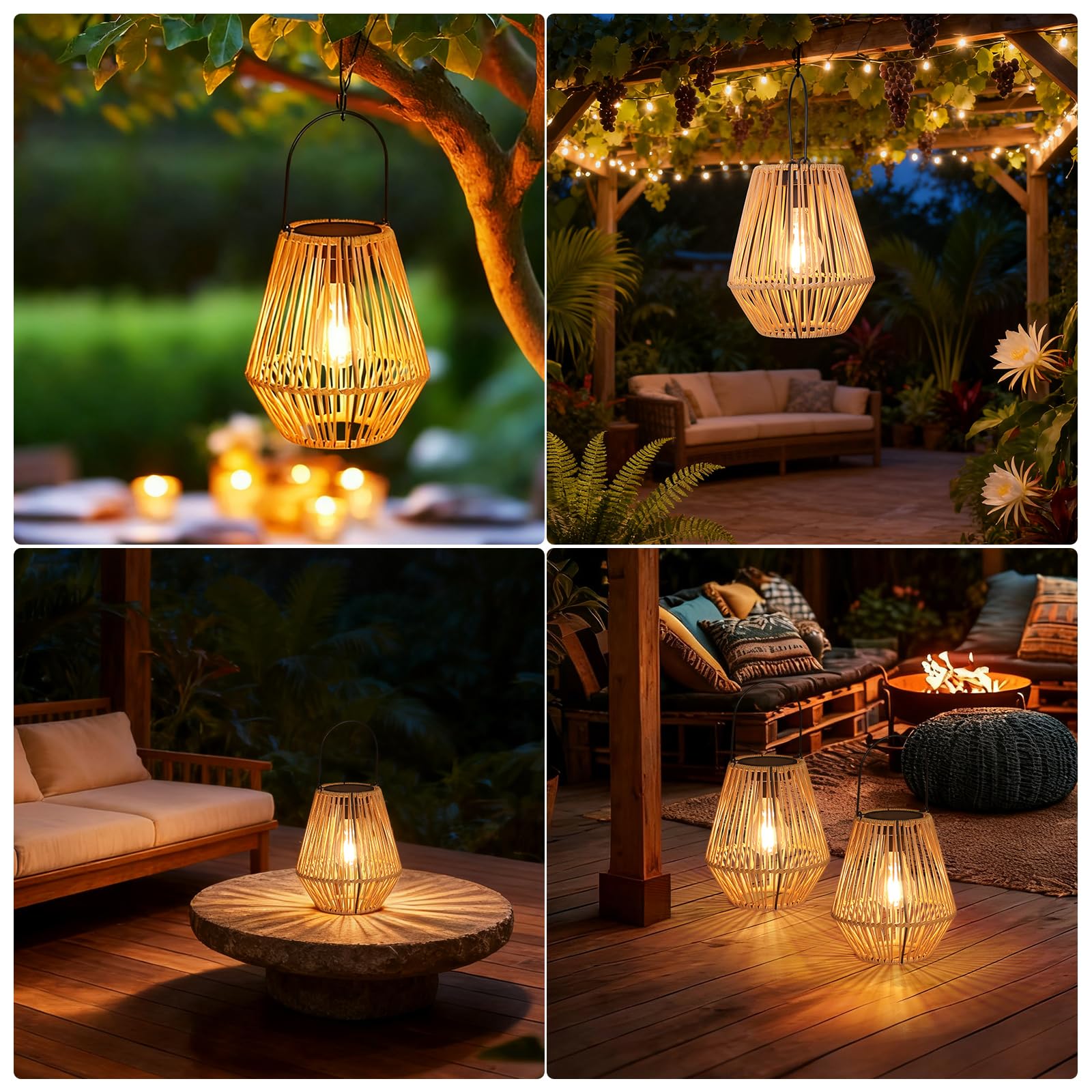 2 sztuki rattanowych lampionów solarnych, wodoodporne, rattanowe lampy solarne, wiszące lampiony, dekoracyjne, prezenty urodzinowe dla mamy, babci, lampiony zewnętrzne na werandę, patio