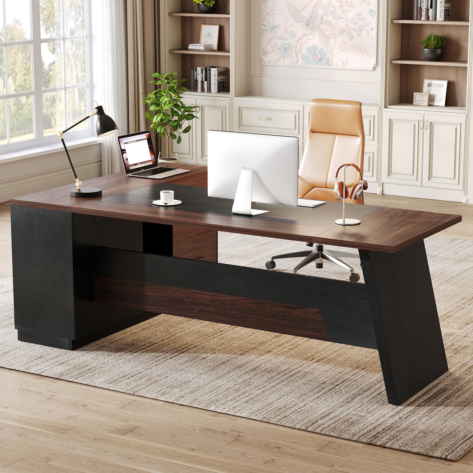 Photo 1 of **MISSING PARTS**
LITTLE TREE 78-Inch Executive Office Desk with File Cabinet, Large Modern Corner Office Desk for Home Office, 3-Drawer Wood File Cabinet, Spacious Workstation for Home Office (Brown & Black)