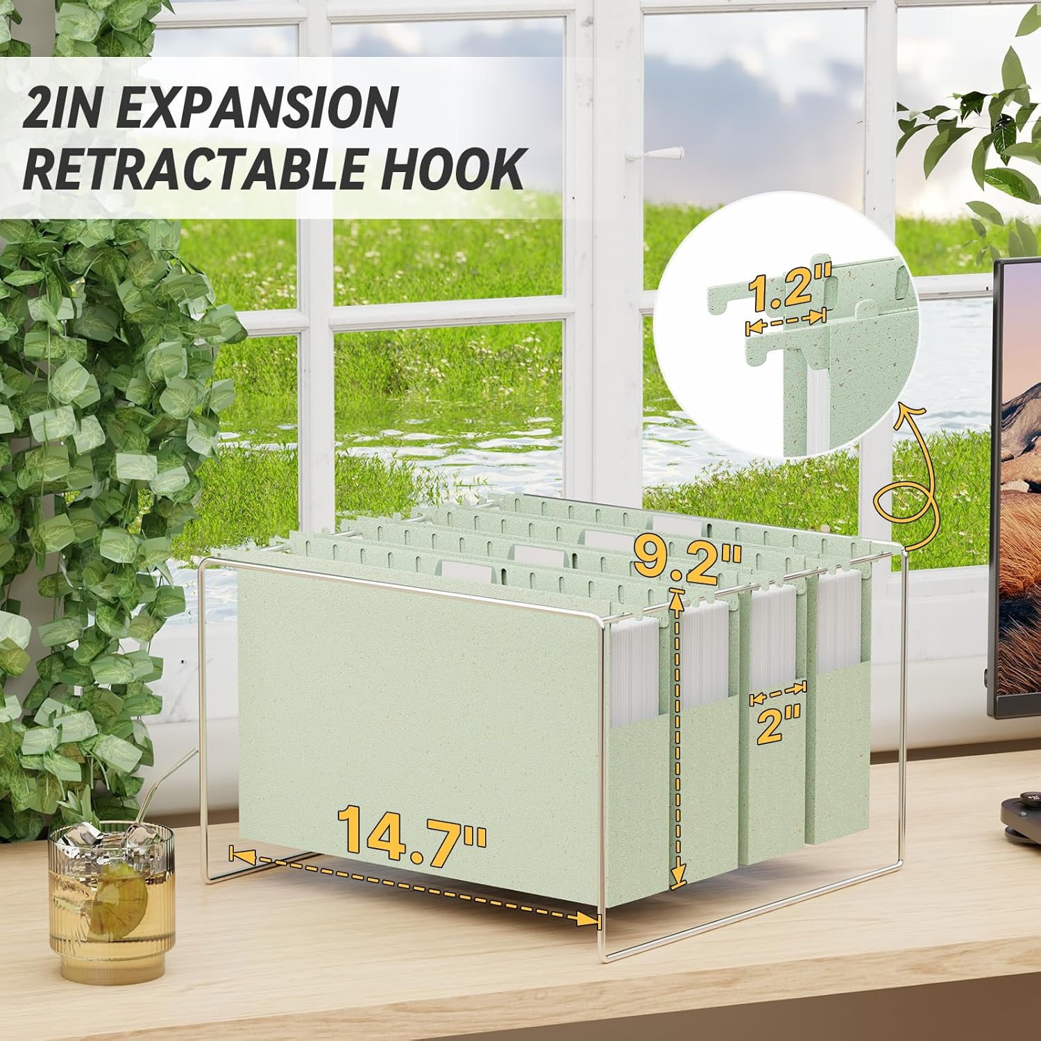 XINGIA Extra Capacity Wheat Straw Hanging File Folders Legal Size,2 Inch Expandable Plastic Hanging File Organizer,12 Pack Heavy Duty Hang Folders for Filing Cabinet,Bulky Files(Morandi Green)