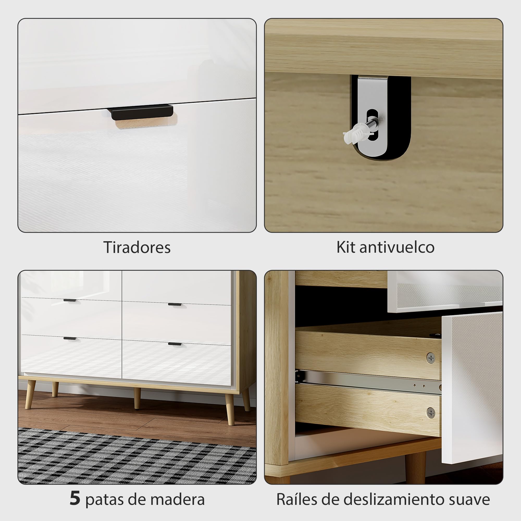 HOMCOM Cómoda 6 Cajones con Frente de Blanco Brillo 110x40x75 cm Roble | Cómoda Dormitorio con Patas de Madera, Cajonera para Salón, Oficina, Estilo Moderno