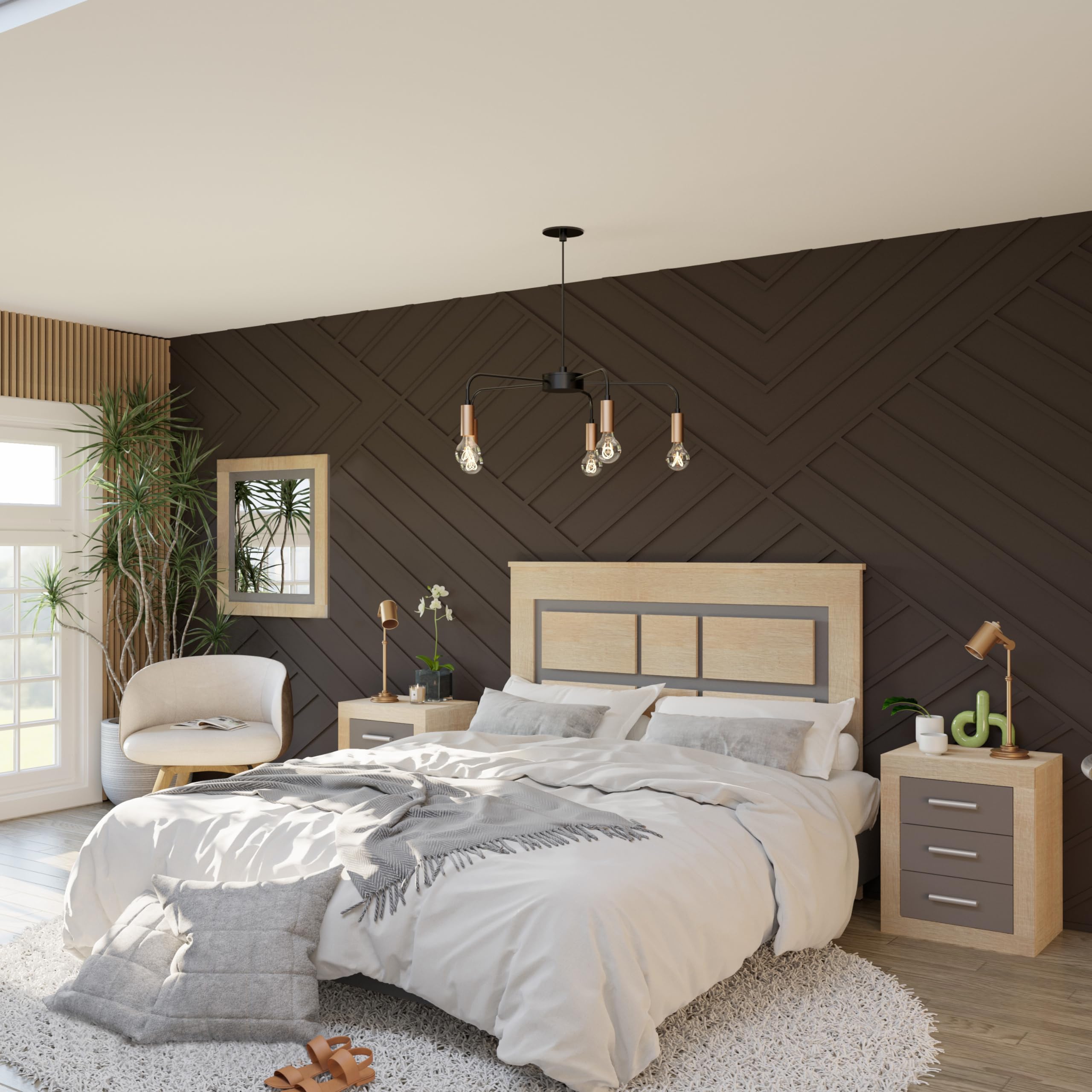 duehome | Conjunto de Dormitorio Kira 4c - Cabecero + 2 Mesitas de Noche + Comoda y Espejo, Acabado en Cambria y Grafito