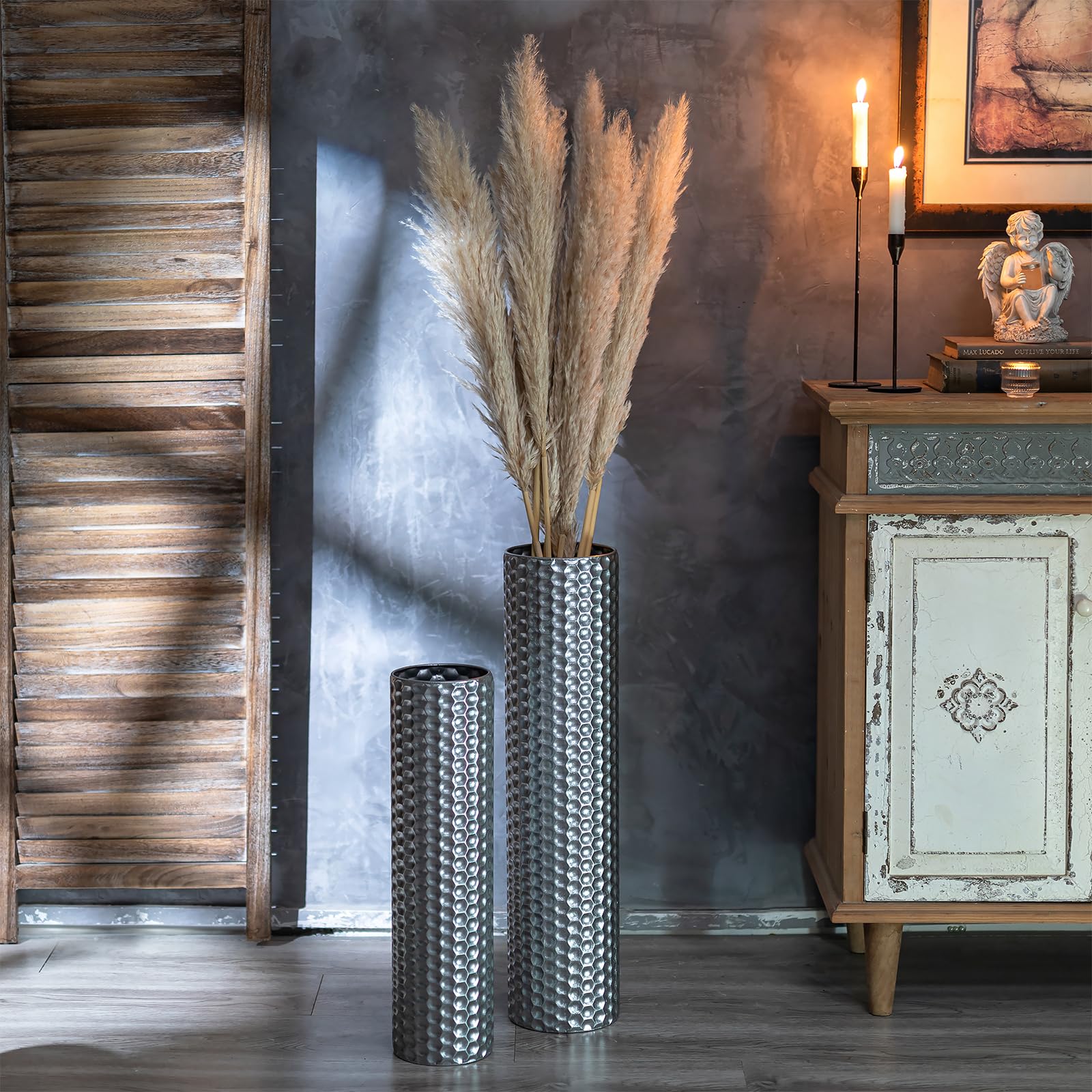 Sziqiqi Bodenvase Groß Metall Silber: 70/55 cm Hoch Große Vasen für Boden Set aus 2 für Trockenblumen Pampasgras Kunstblumen - Wabenmuster Blumenvase Groß für Wohnzimmer Flur Home Wohnung Esszimmer
