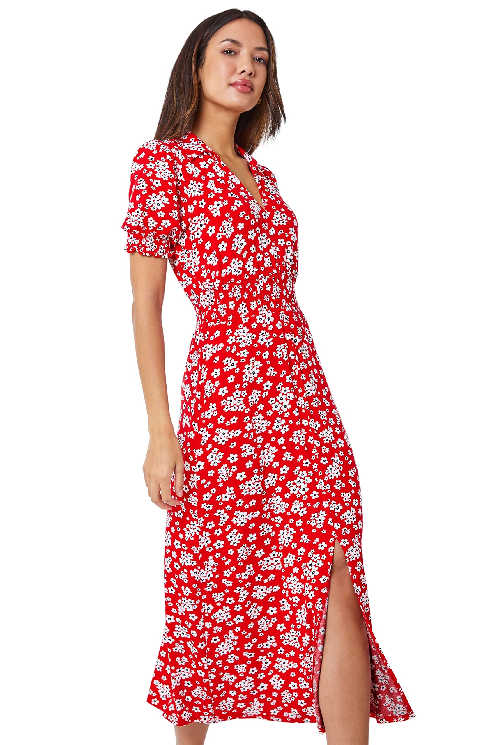 Roman Originals Women's Red & White Roman Shirred Waist Dress Spring Everyday Summer Holiday V-Neckline Comfy 3/4 Sleeve Soft Tassle Detail Frock Vacation Gowns Chiffon Maxi Midi Wrap - Size 20