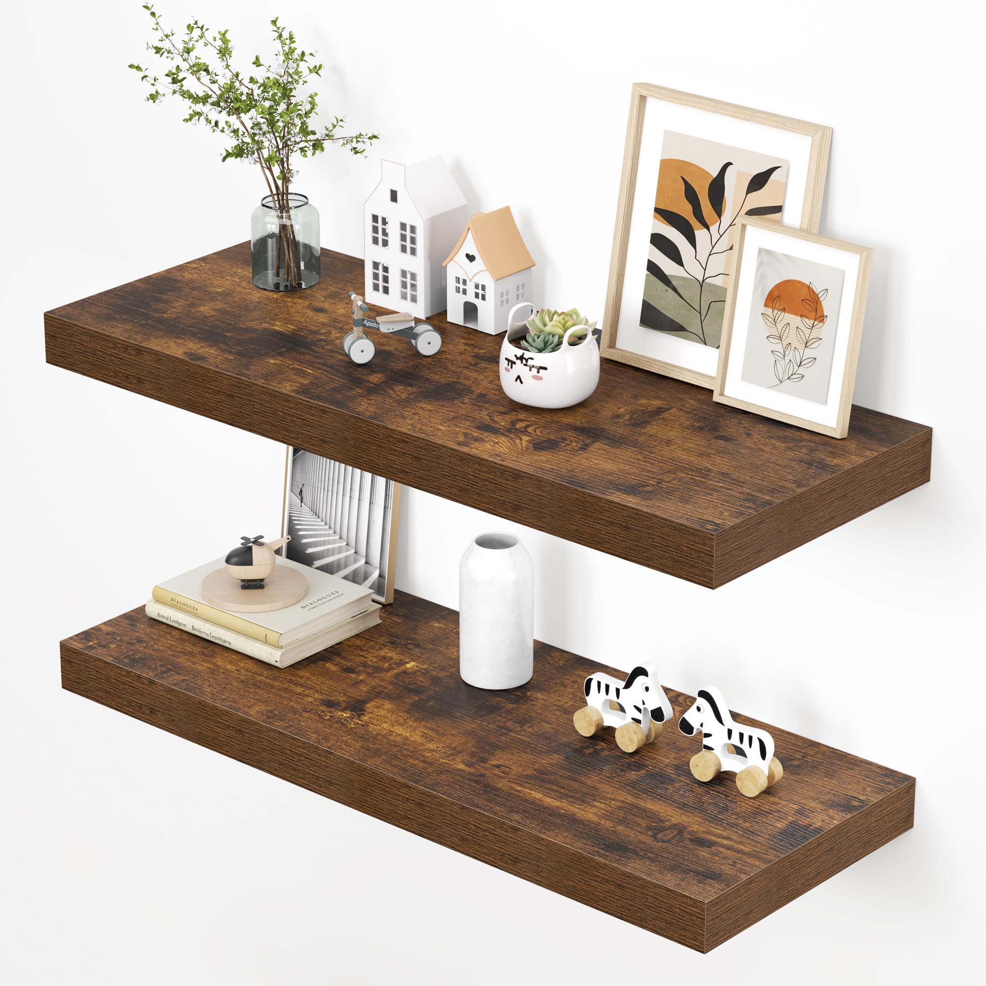 Dreamland 36" Floating Shelves for Wall, 12" Deep Thicker Floating Shelves, Wall-Mounted Shelves for Bedroom, Living Room, Kitchen, Bathroom,Rustic Brown - Set of 2