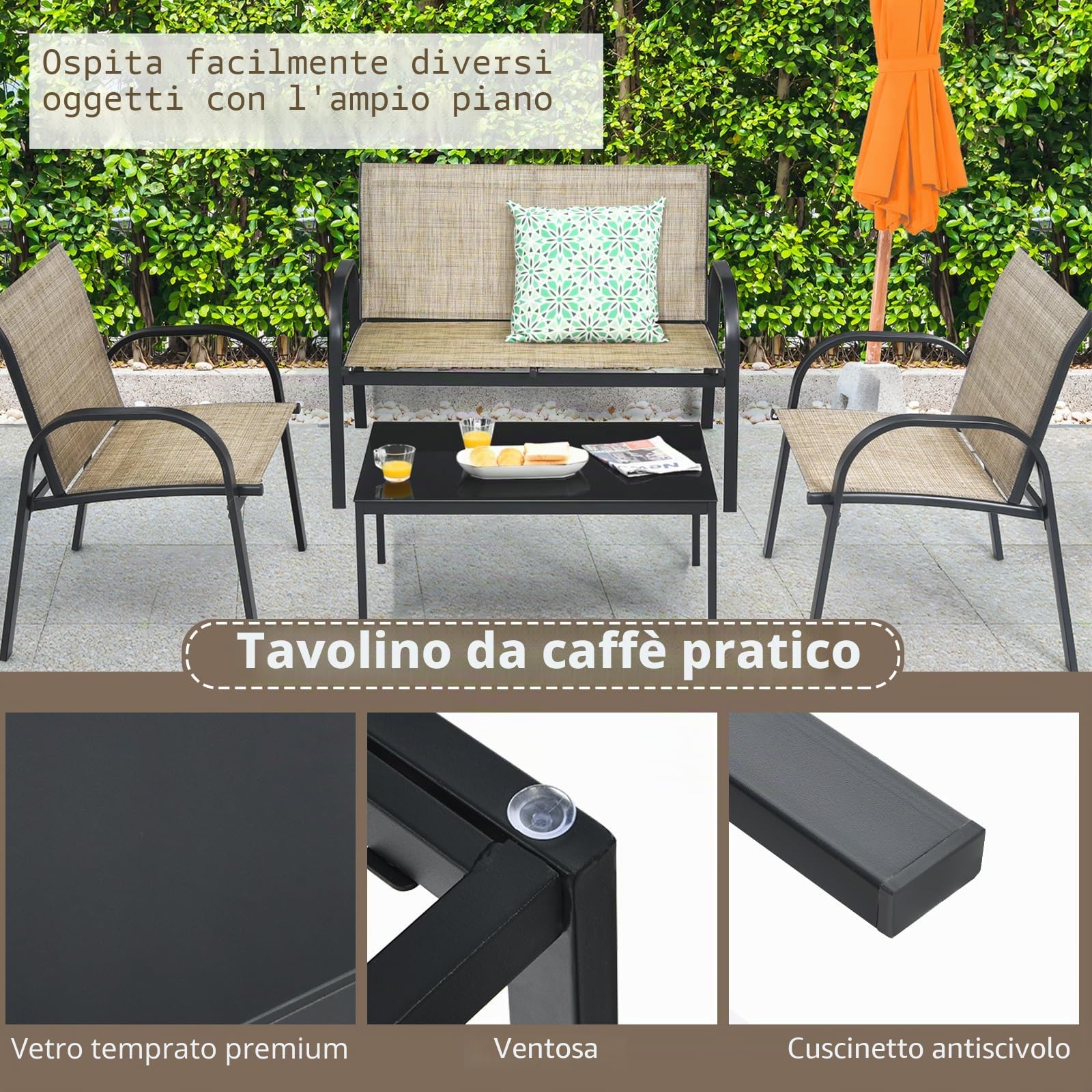 KOMFOTTEU Set di 4 mobili da giardino per 4 persone, set da giardino con 2 sedie e 1 panca e 1 tavolino da caffè, set di mobili da terrazza per piscina, cortile (marrone), QF54737IBDE