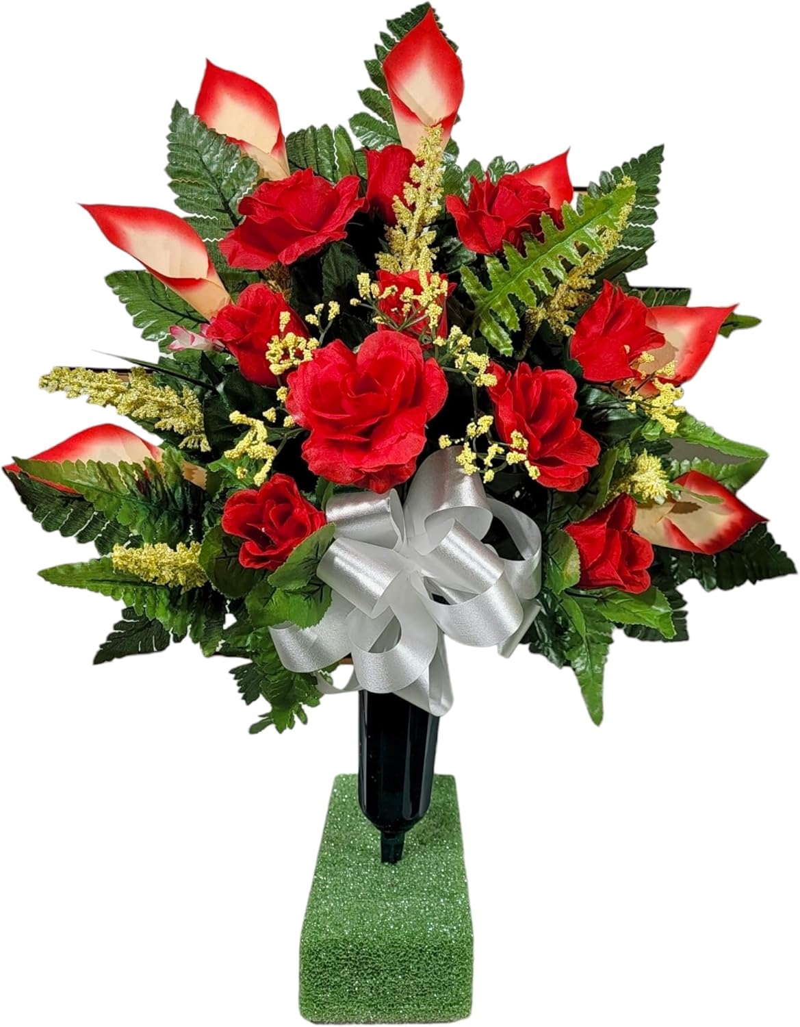 Realistic Artificial Cemetery Flowers - Silk Faux Floral Red Rose and Calla Lily Bouquet for Grave - Headstone Decoration - Memorial Flowers