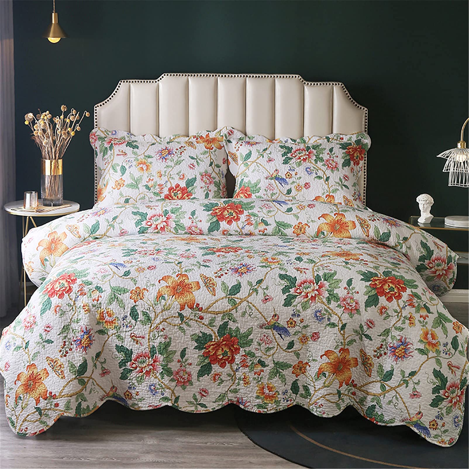 Juego de Colcha de Patchwork para Cama, de algodón, con diseño Floral, Cachemira, Reversible, Acolchada, con Volantes, Colcha Ligera, 3 Piezas,