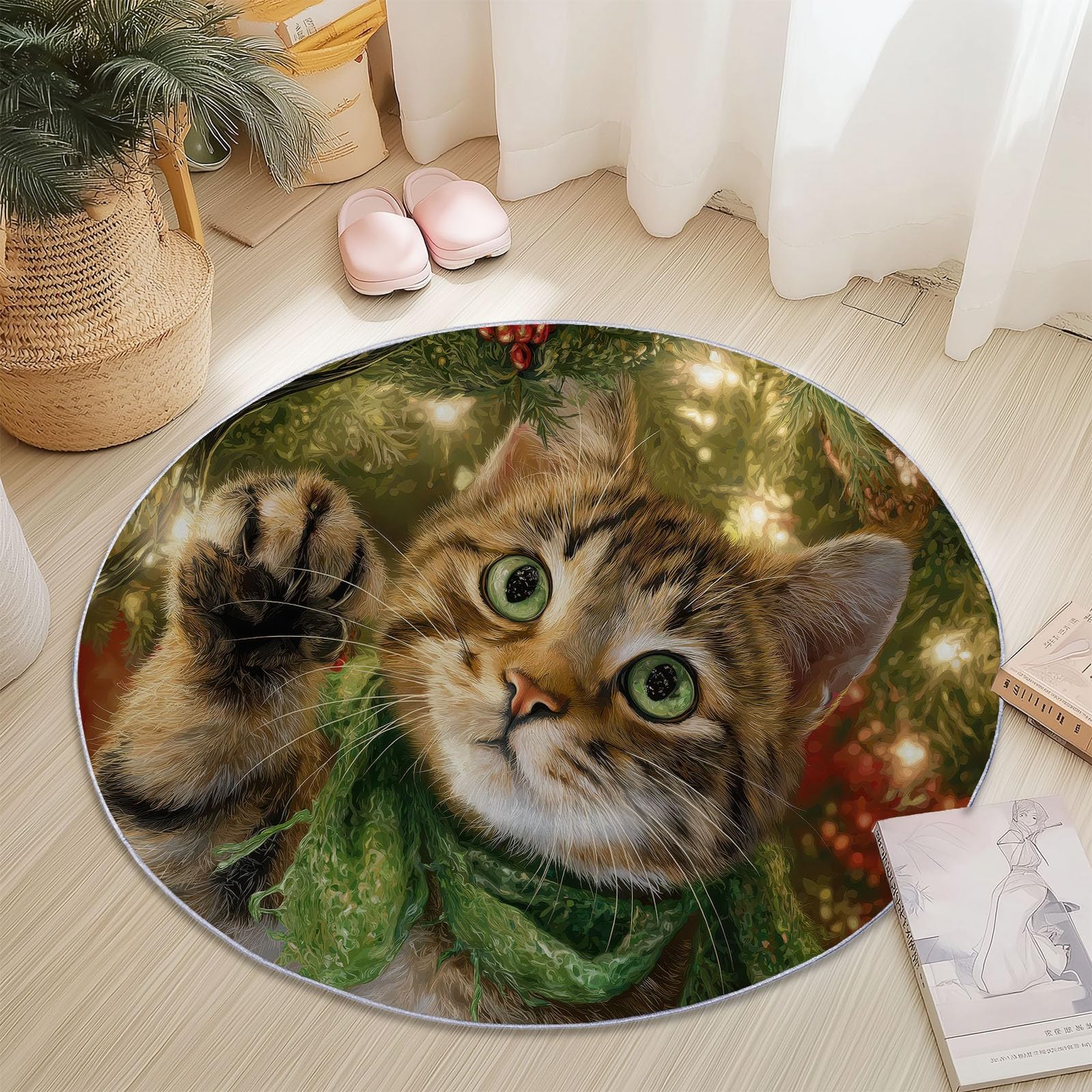 Teppich Wohnzimmer Rund 200 cm Teppich Schlafzimmer Grün Kurzflor Wohnzimmerteppich Weihnachten Katze Kiefernzweig Waschbar rutschfest Rund für Wohnzimmer Schlafzimmer Esszimmer