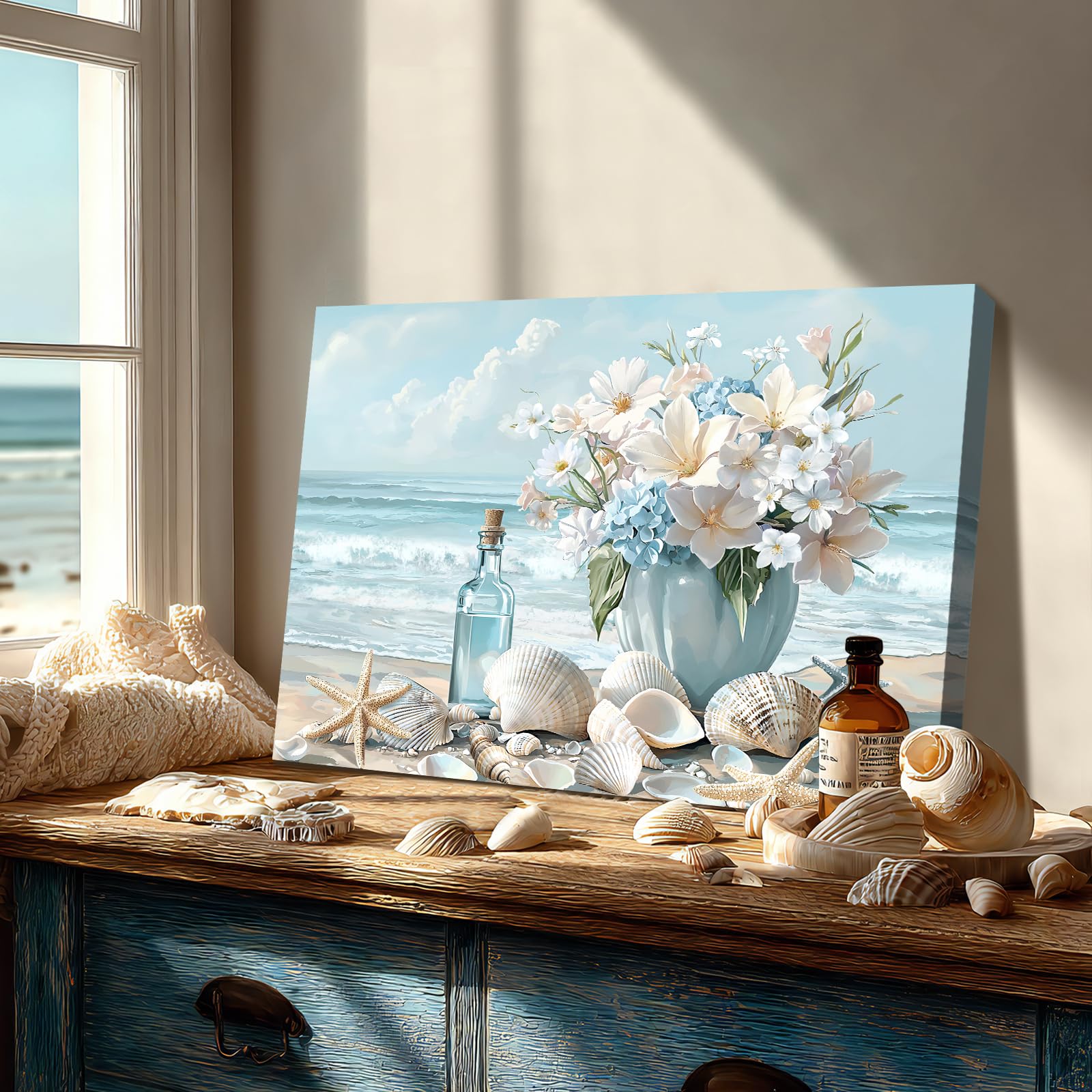 Wooden Framed Canvas Wall Art Blue Ocean Coastal Seascape Painting on Canvas Prints Poster Hydrangea Lilies Flower in Vase Pictures for Living Room Bedroom Home Hallway Corridor Wall Decor 40x60cm - Image 3