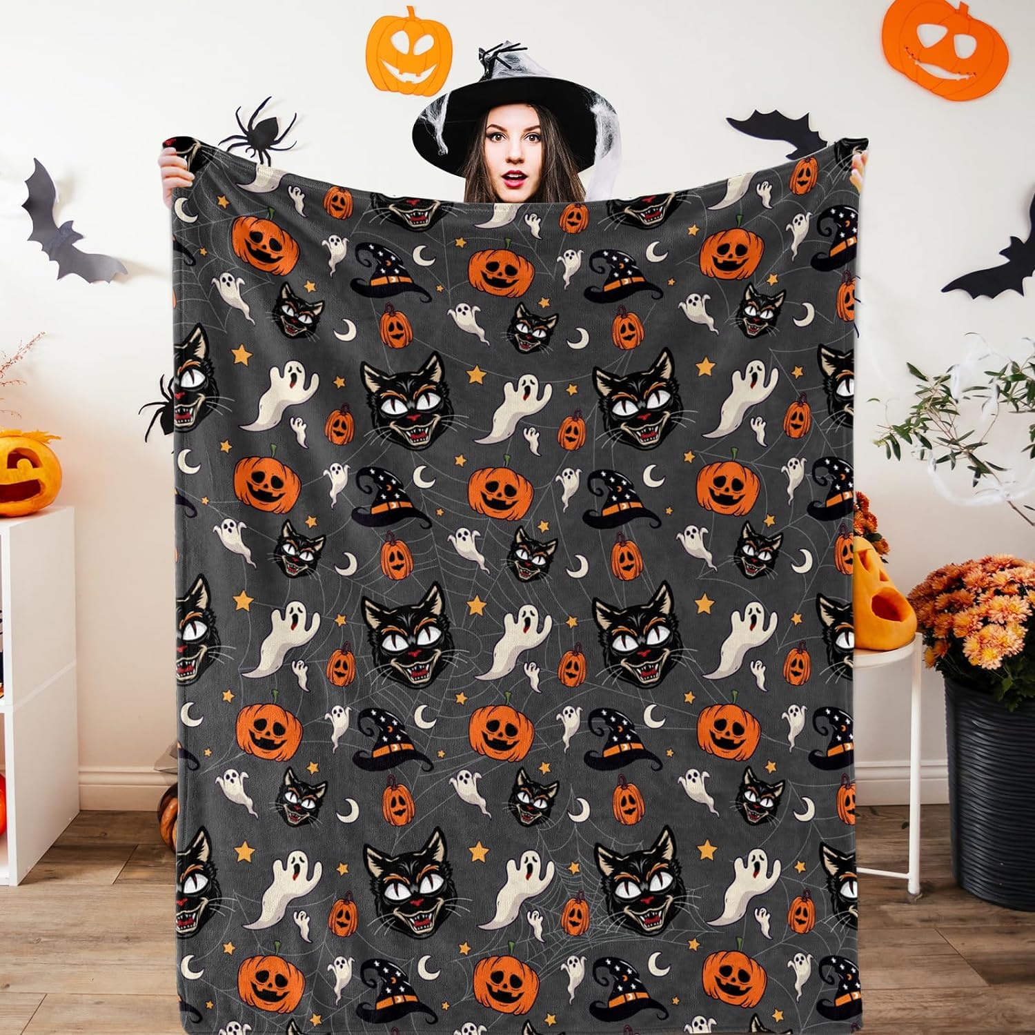 BeauentyHalloween Printed Blanket 130 * 150CM Halloween Blanket Halloween Beddin.Soft, Plush, Warm Winter Cabin Throw (cat)