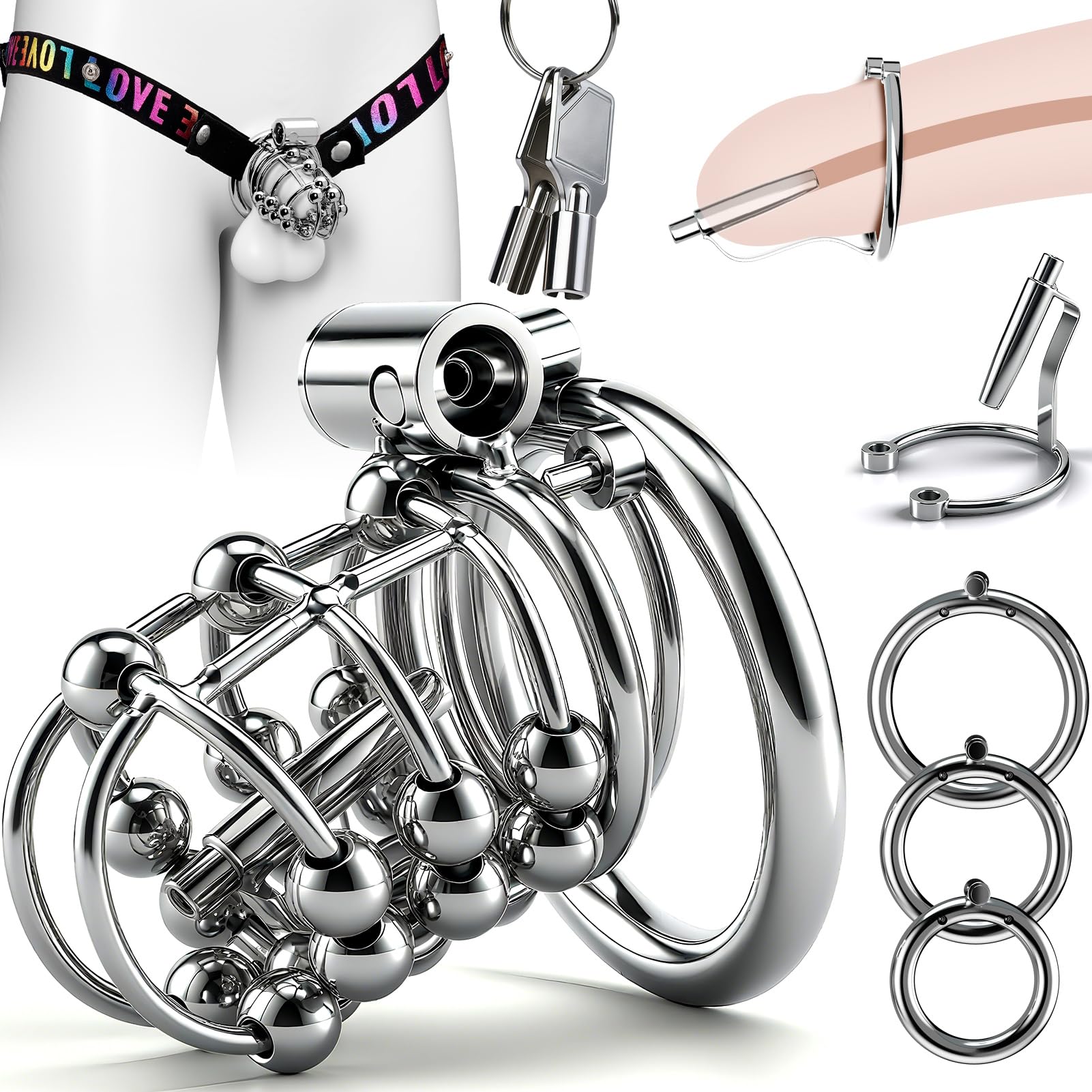 Cage de Chasteté Pénis Sex Toýs Homme Couple - Cage à Pénis Avec Anneaux de 3 Tailles, Cathéter Urétral et Ceinture de Chasteté, BDSM Cock Cage Serrure Invisible pour Empêcher L‘érection