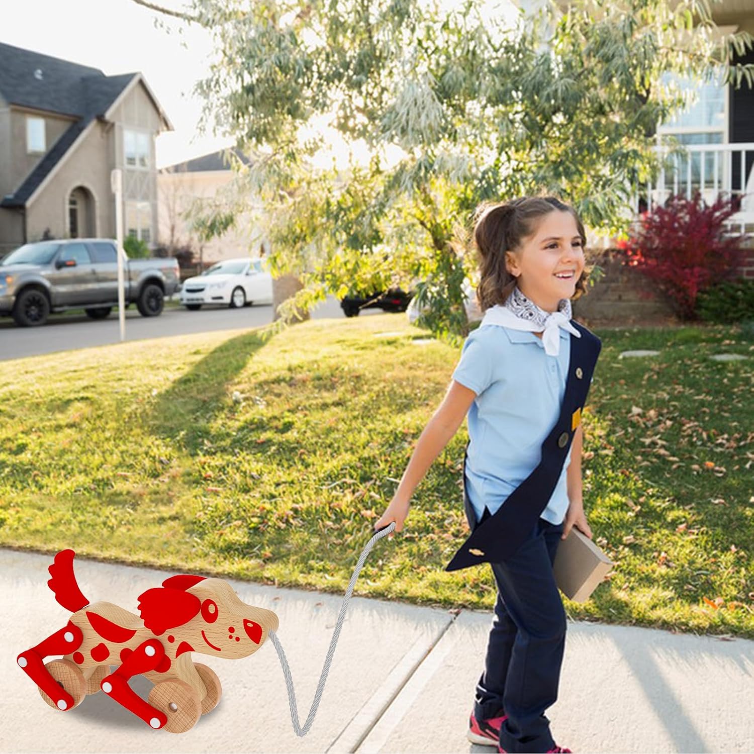 Montessori Toys 1 2 3 4 Years Old Boys Girls Wooden Walking Pull Dog Toy for Baby Toddler, Pull Along Walking Toys, Walk Along Puppy Pull, Wooden Pull & Push Toy (Red)