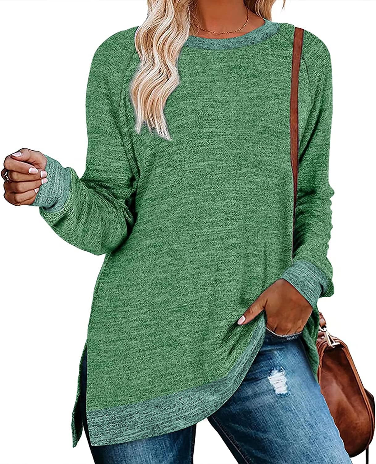 Womens Crewneck Pullovers Color Block Long Sleeve Side Split Tunic Tops