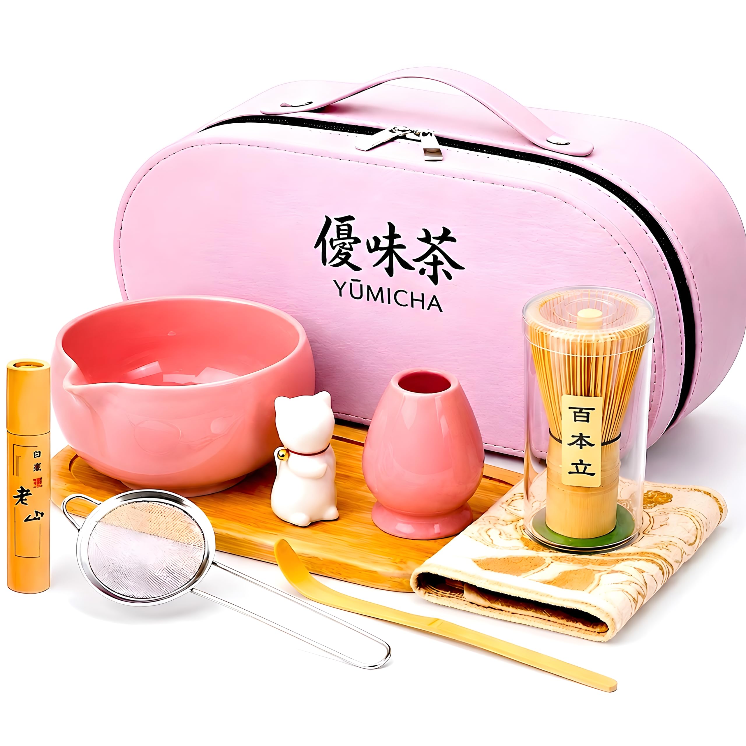 Matcha Set mit Bambusbesen, Keramikschale & Sieb – Matcha Tee Starter Set inkl. Löffel, ideal als Geschenk – Premium Matcha Kit – Rosa