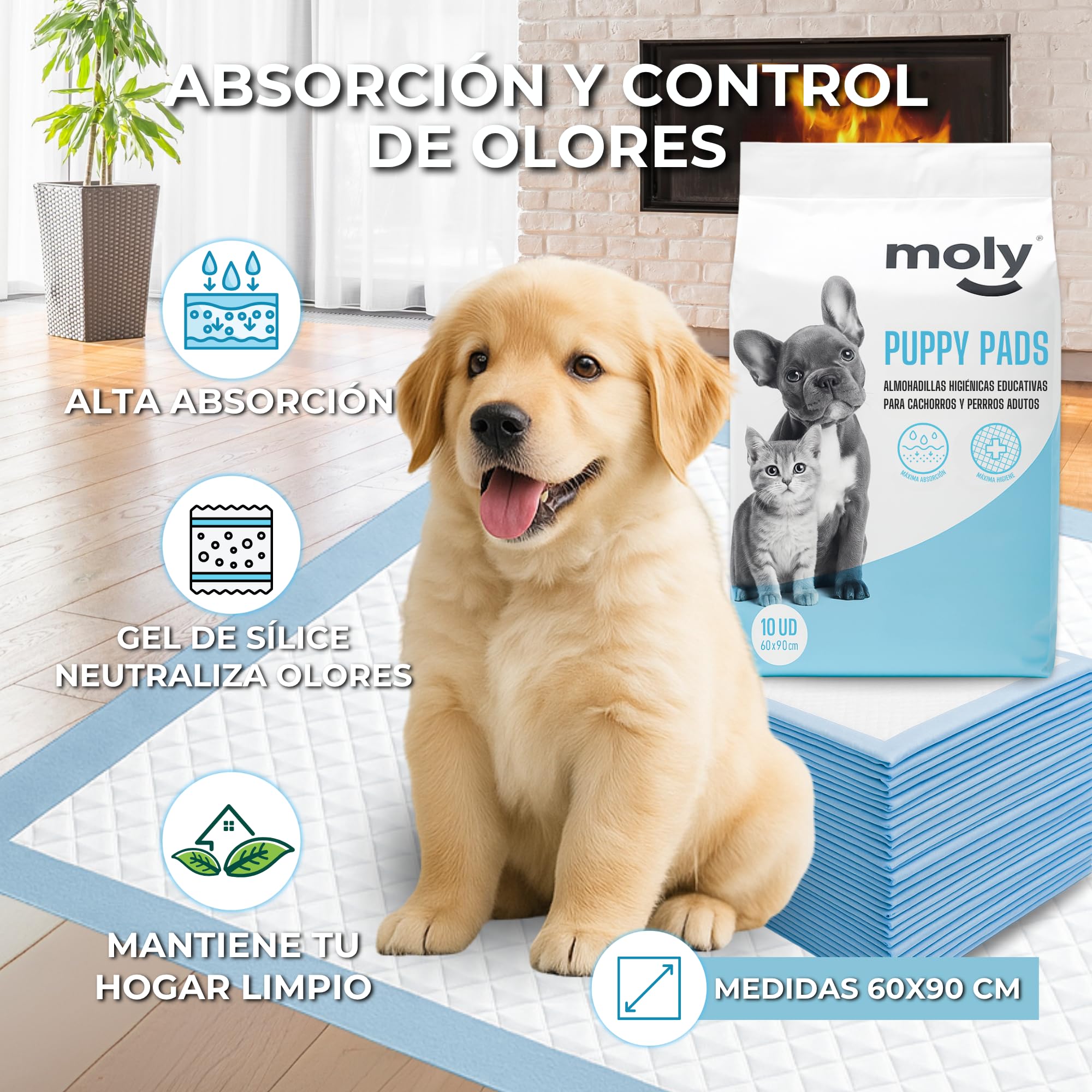 MOLY 60 Empapadores para Perros 90 x 60 cm Desechables | X6 Pack 10 Almohadillas Higiénicas de Adiestramiento Desechables para Mascotas | Neutraliza Olor | Rápida Absorción