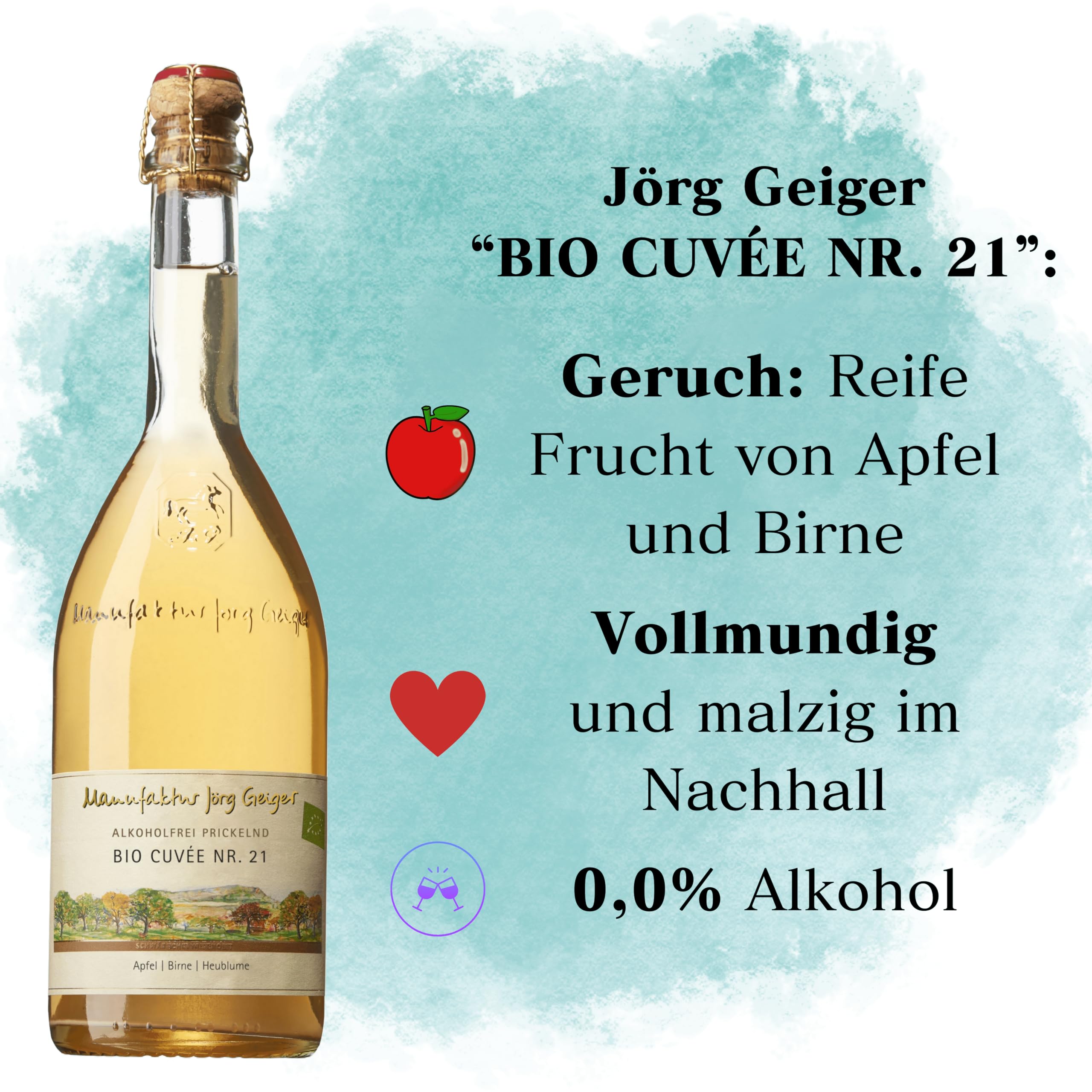 Jörg Geiger Alkoholfrei Probierpaket – 6x Bio Fruchtsecco Prickelnd – Klassik Auswahl – inkl. Gratis Sektverschluss – Geschenkset alkoholfrei
