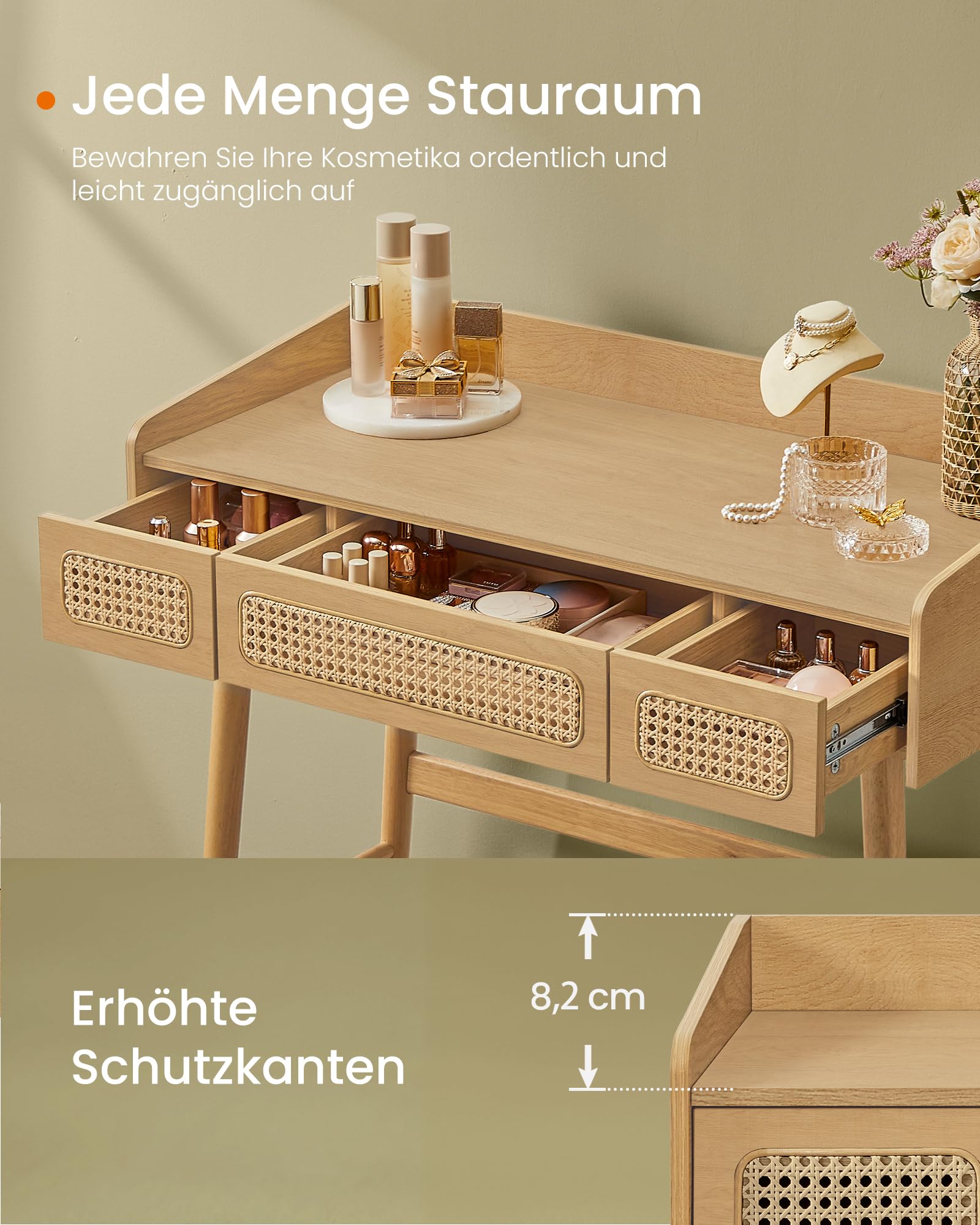 SONGMICS HOME BOHOVEN Kollektion – Schminktisch mit Spiegel, Beleuchtung, Kosmetiktisch 3 Schubladen in Rattan-Optik, Touch-Steuerung, 3 Lichtfarben, dimmbar, Boho-Stil, Schlafzimmer, eichenbeige