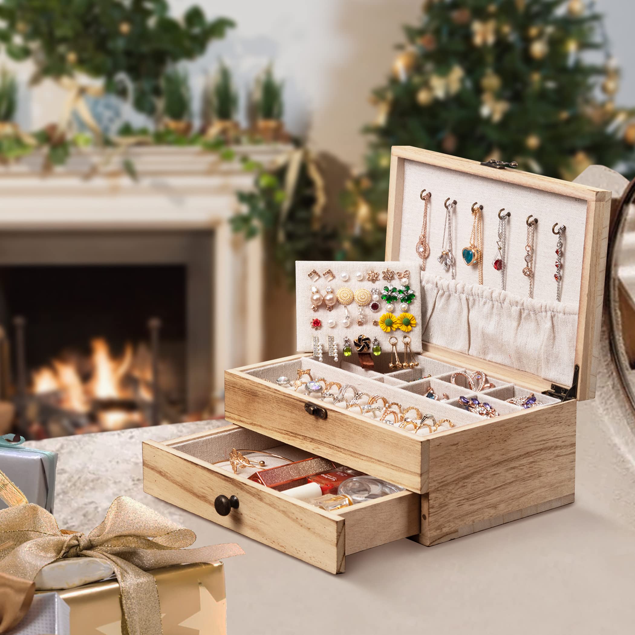 Tektalk Schmuckschatulle, Schmuck Organizer im Landhausstil, Schmuckhalter für Halskette, Ohrringe, Ringe, Armbänder für Damen und Mädchen - braun