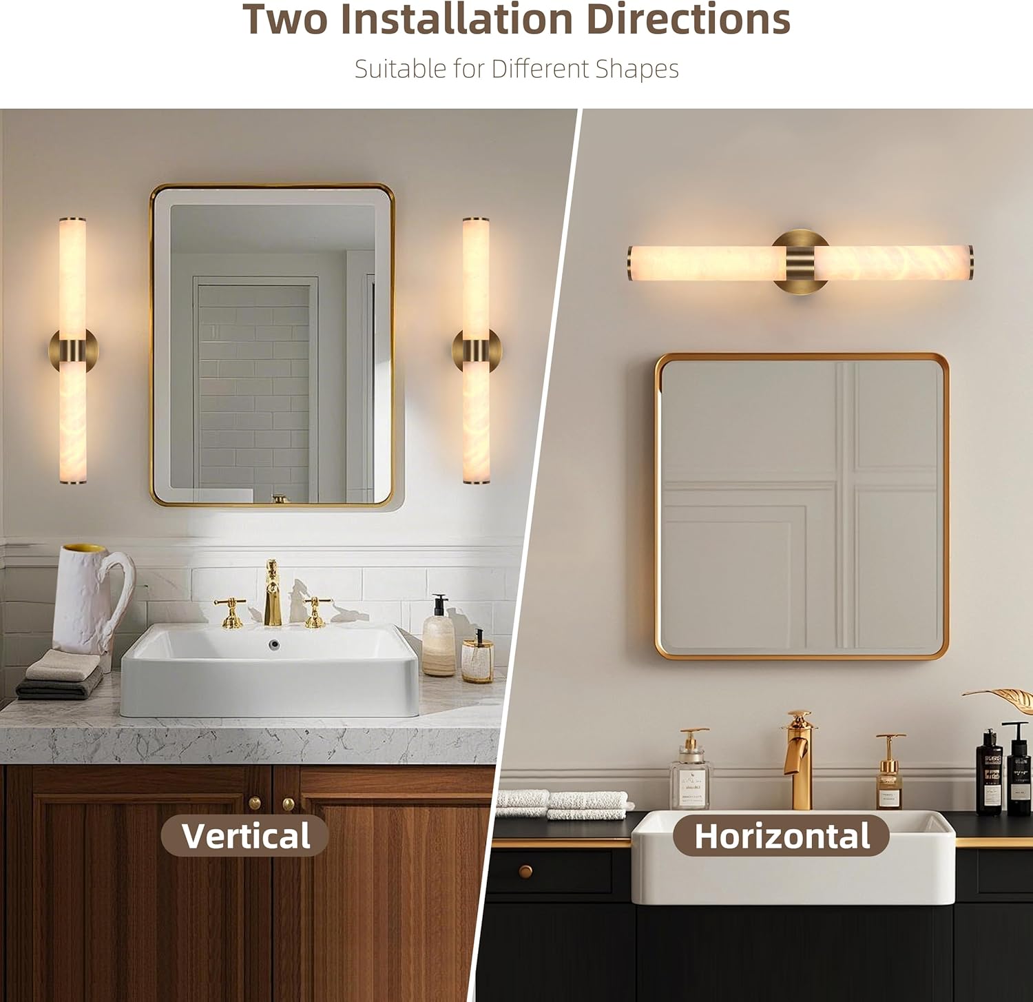 23.8in Gold Alabaster Wall Sconces Set of 2, Modern Brass Bathroom Sconce Light, Spanish Marble Wall Lamp, Hardwired LED Wall Lighting for Bedroom Living Room Staircase Hallway Dining Room