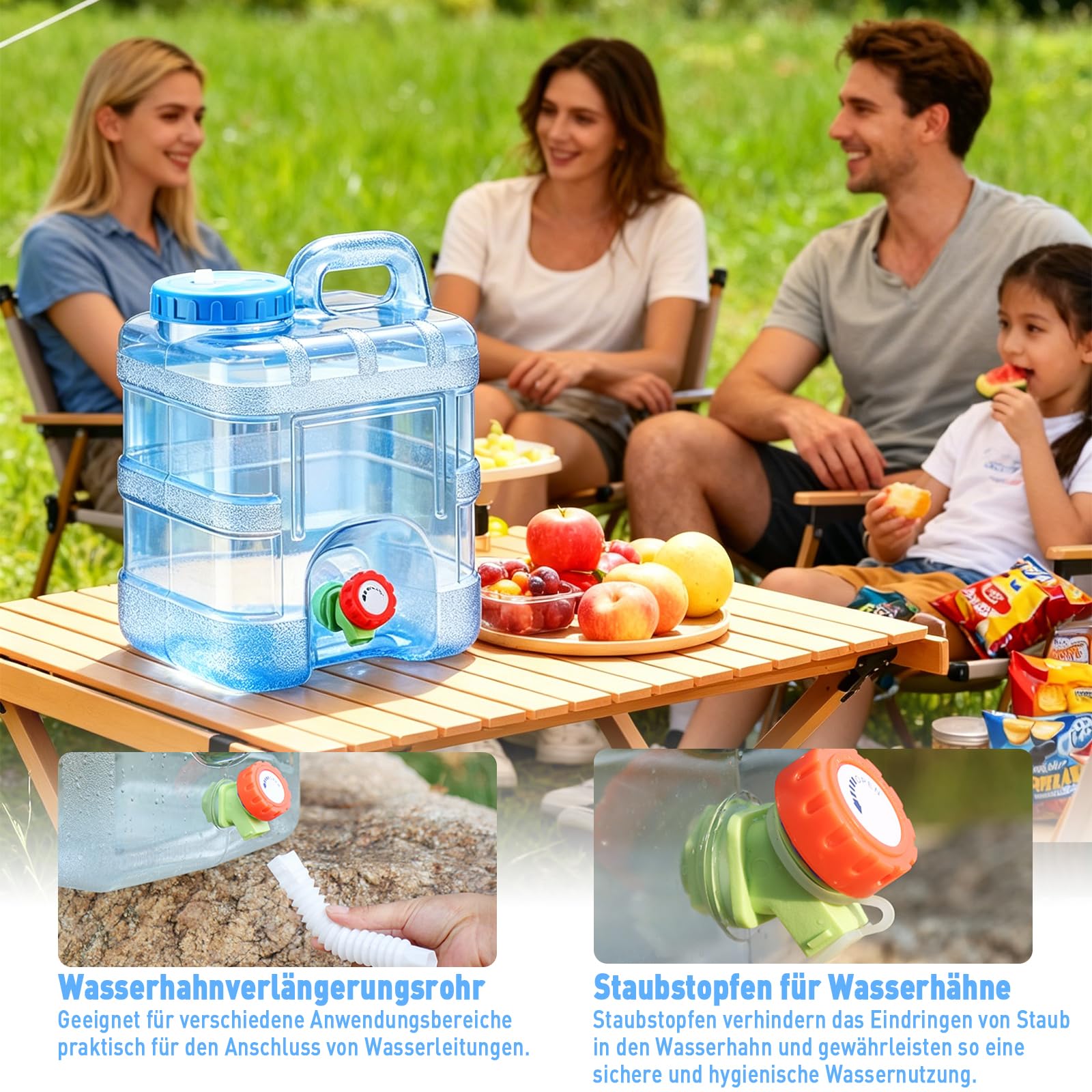 Tanica dell'acqua da 10 l con rubinetto e accessori, serbatoio dell'acqua da campeggio in materiale PC, senza BPA, maniglie per il trasporto, con tubo, spazzola, coperchio, ideale per viaggi