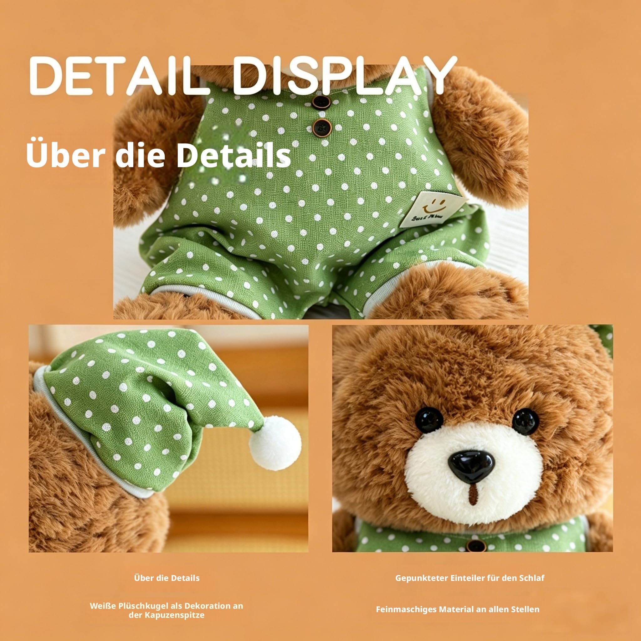 Niedliches Schlaf Bär Kuscheltier mit Pyjama und Schlafmütze, Weiches Plüschtier Teddy Bär Kuscheltier, Geschenk für Kinder Mädchen Baby Erwachsene Zimmer Dekoration (50cm,Grün)