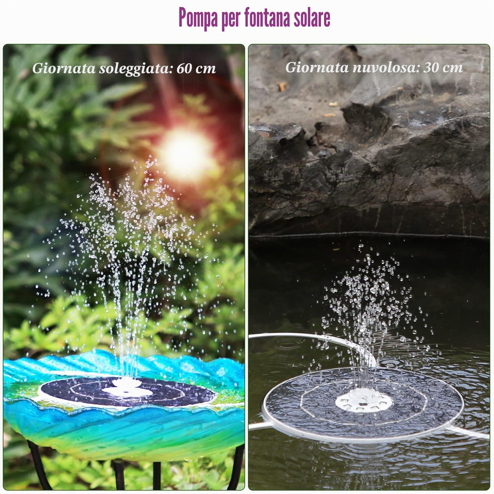 AISITIN Fontana Solare LED 6,5W per Laghetto con Supporto Regolabile, Pompa per Giardino a Luci Multicolori e Ugelli Intercambiabili, Fontana Energeticamente Efficiente per Vasca Uccelli e Giardino