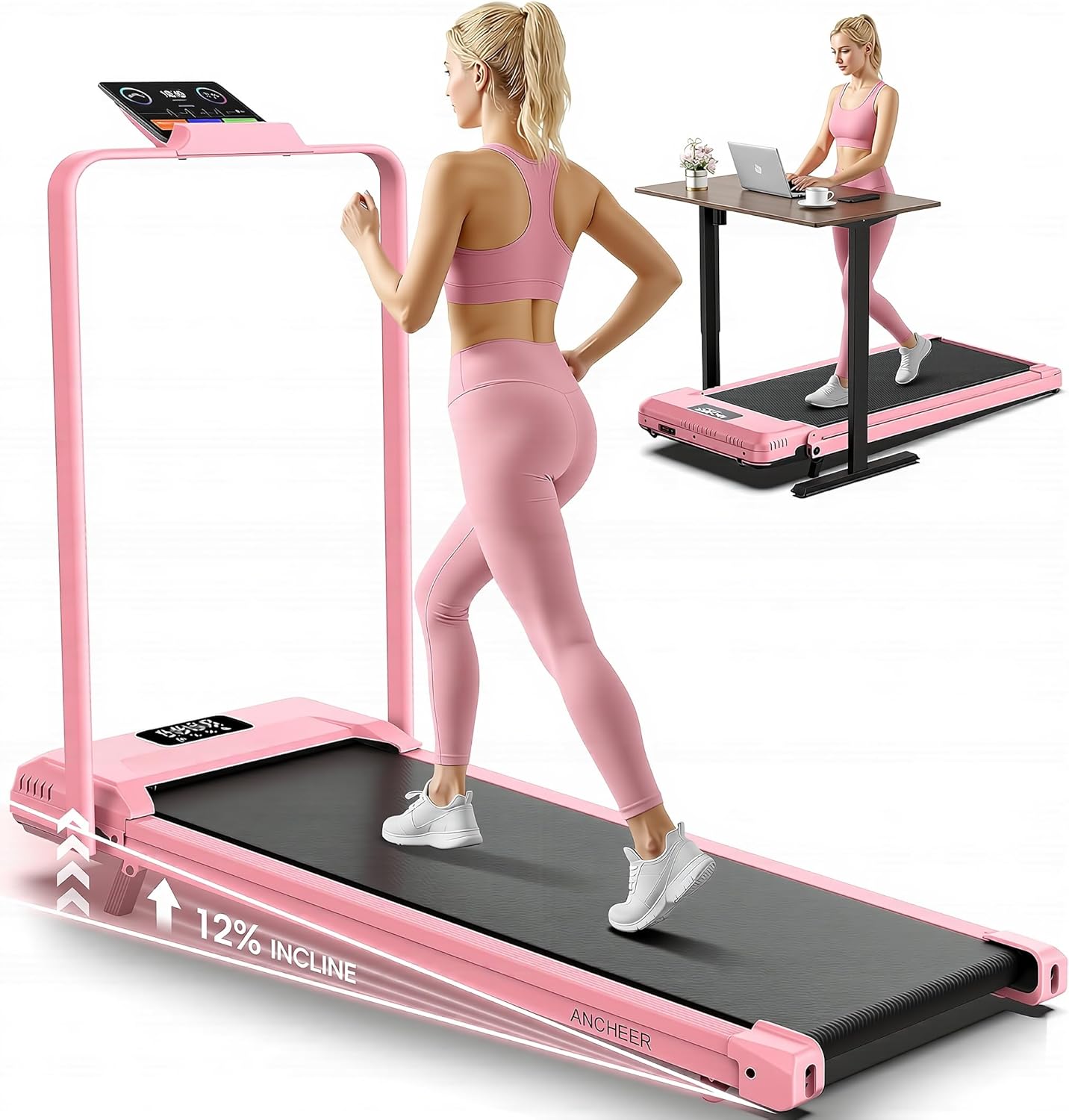 Small Walking Pad Treadmill with Incline - Under Desk Treadmills with Handle Bar, Compact Portable Foldable Treadmills for Home Small Spaces, Office, Remote Control & LED Display