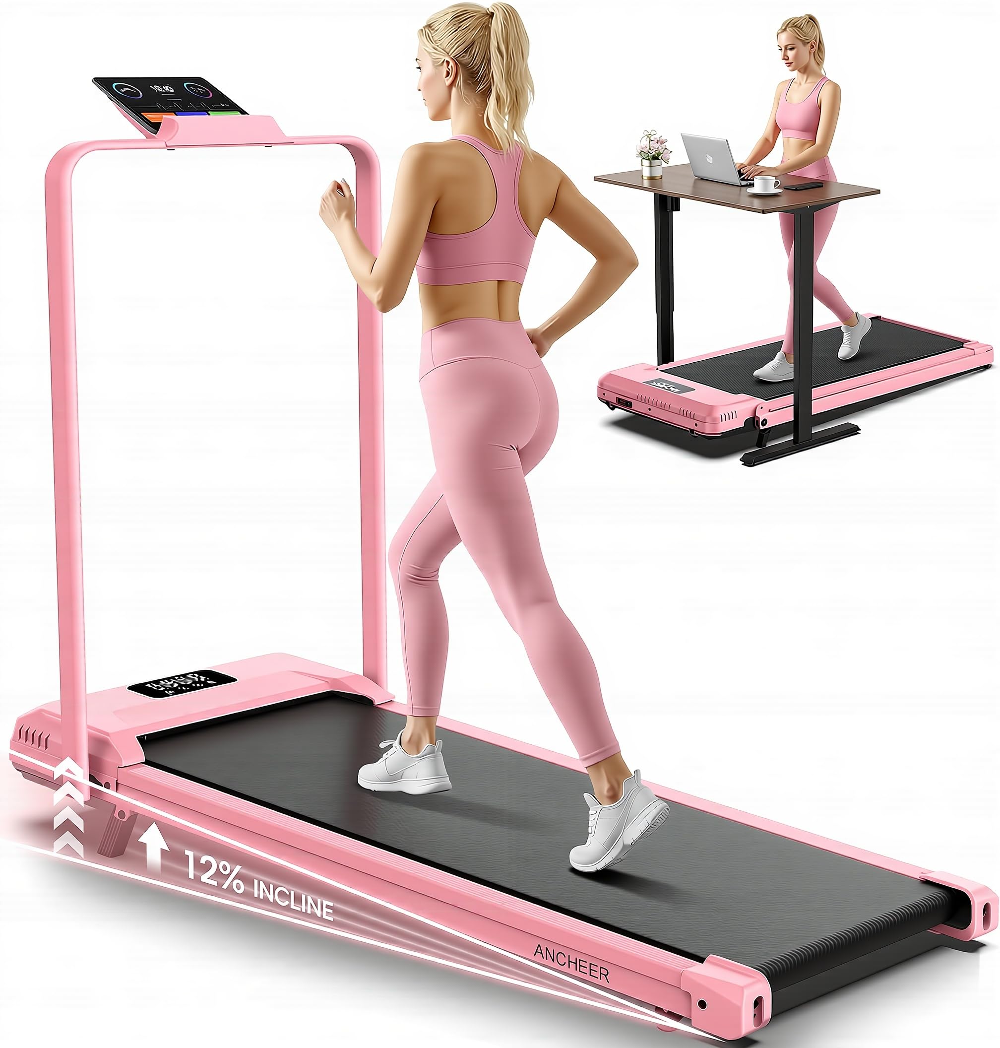 Pink Walking Pad Treadmill with Incline - Under Desk Treadmill with with Handle Bar, Compact Portable Treadmills for Home Small Spaces, Office, Remote Control & LED Display