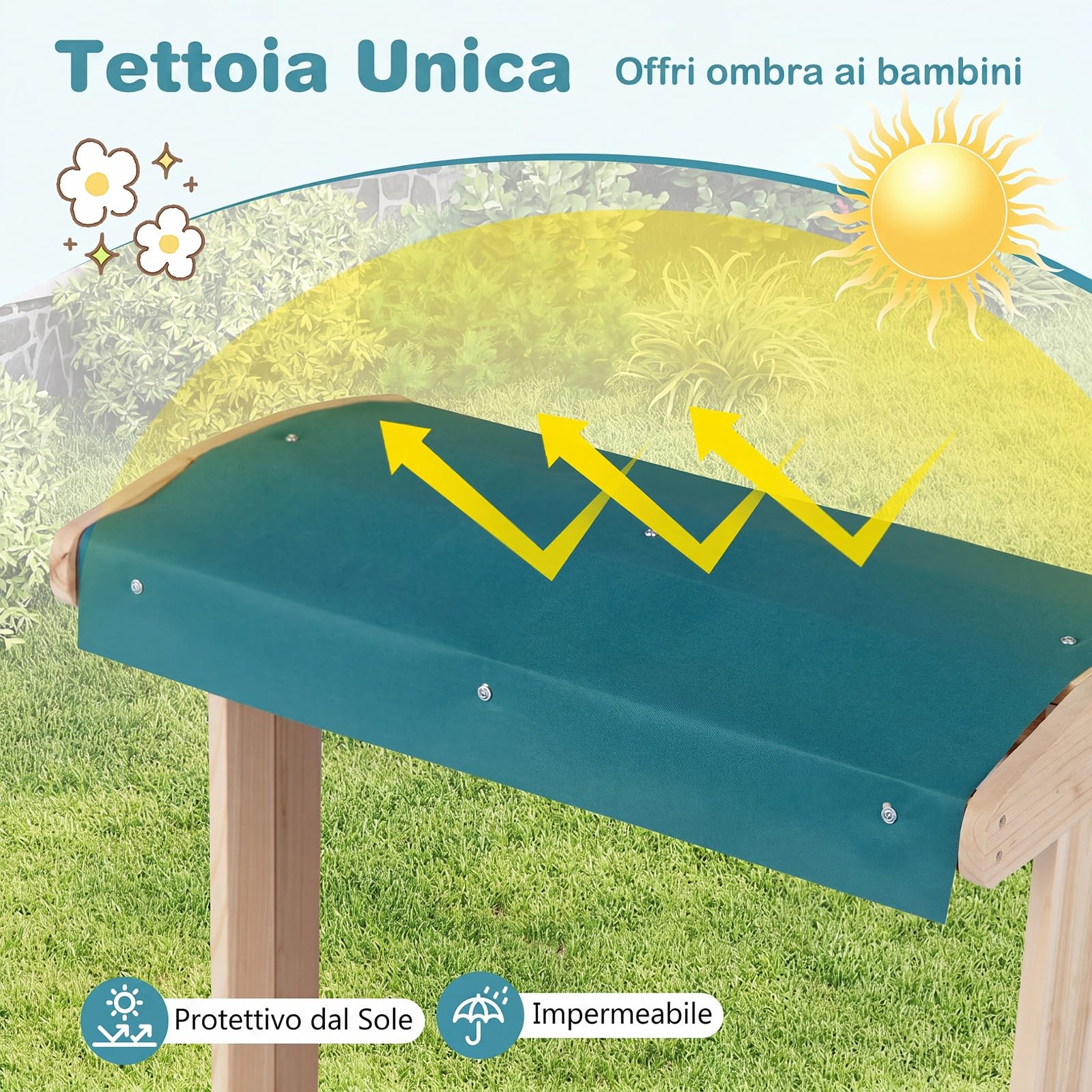 COSTWAY Cavalletto in Legn per Bambini da Esterno, 3 Anni+ | Cavalletto Pittura con Tettoia Parasole, Pannello Trasparente, Rotolo di Carta e 4 Tazze per Colori, 65 x 44,5 x 110 cm