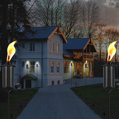 Miniatura 8 de SNOGSWOG Paquete de 4 antorchas de jardín de 16 onzas para exteriores con estaca de tierra de 3 puntas, antorchas decorativas de citronela para