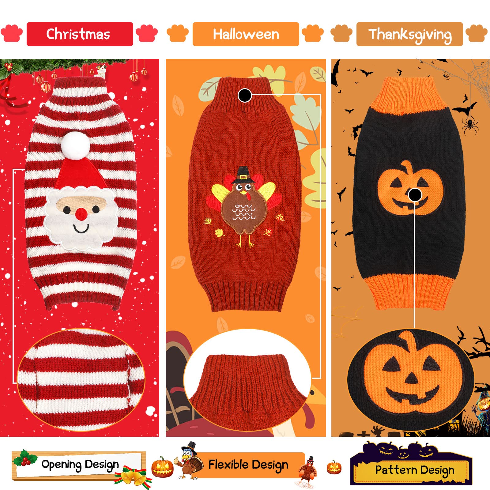 Set di 3 maglioni per cani di Halloween, Ringraziamento, Natale, zucca, tacchino, Babbo Natale, cucciolo, abbigliamento per animali domestici, per cani, gatti, animali domestici, taglia L