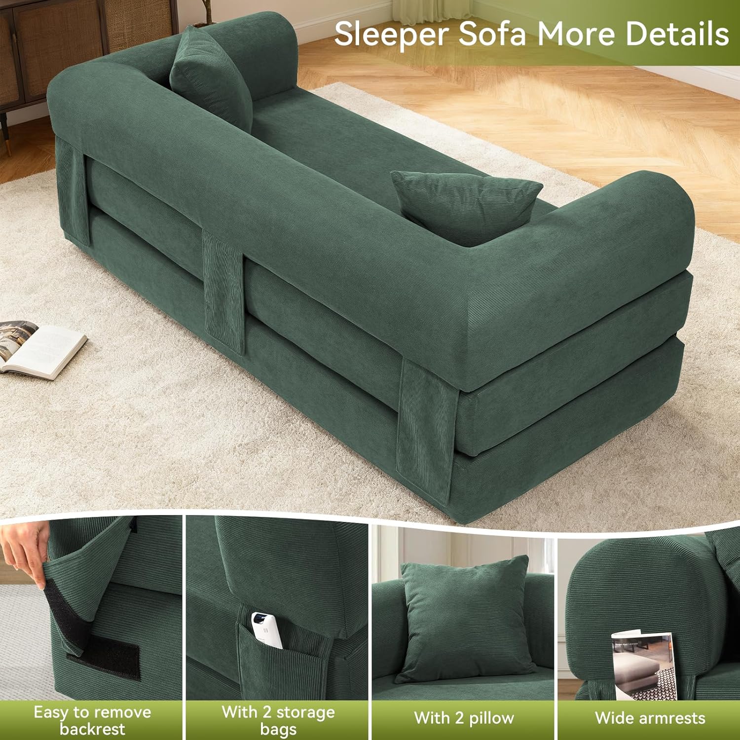 80 Inch Convertible Sofa Bed,Folding Pull Out Couch with Pillows & Storage Pocket,Corduroy Queen Sleeper Sofa in a Box,No Assembly Boneless Couch for Living Room,Light Green