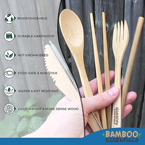 Miniatura 10 de Utensilios de viaje con estuche, tenedor, cuchillo, cuchara, palillos, pajilla, cepillo de limpieza para pajilla, bolsa de viaje y mosquetón,