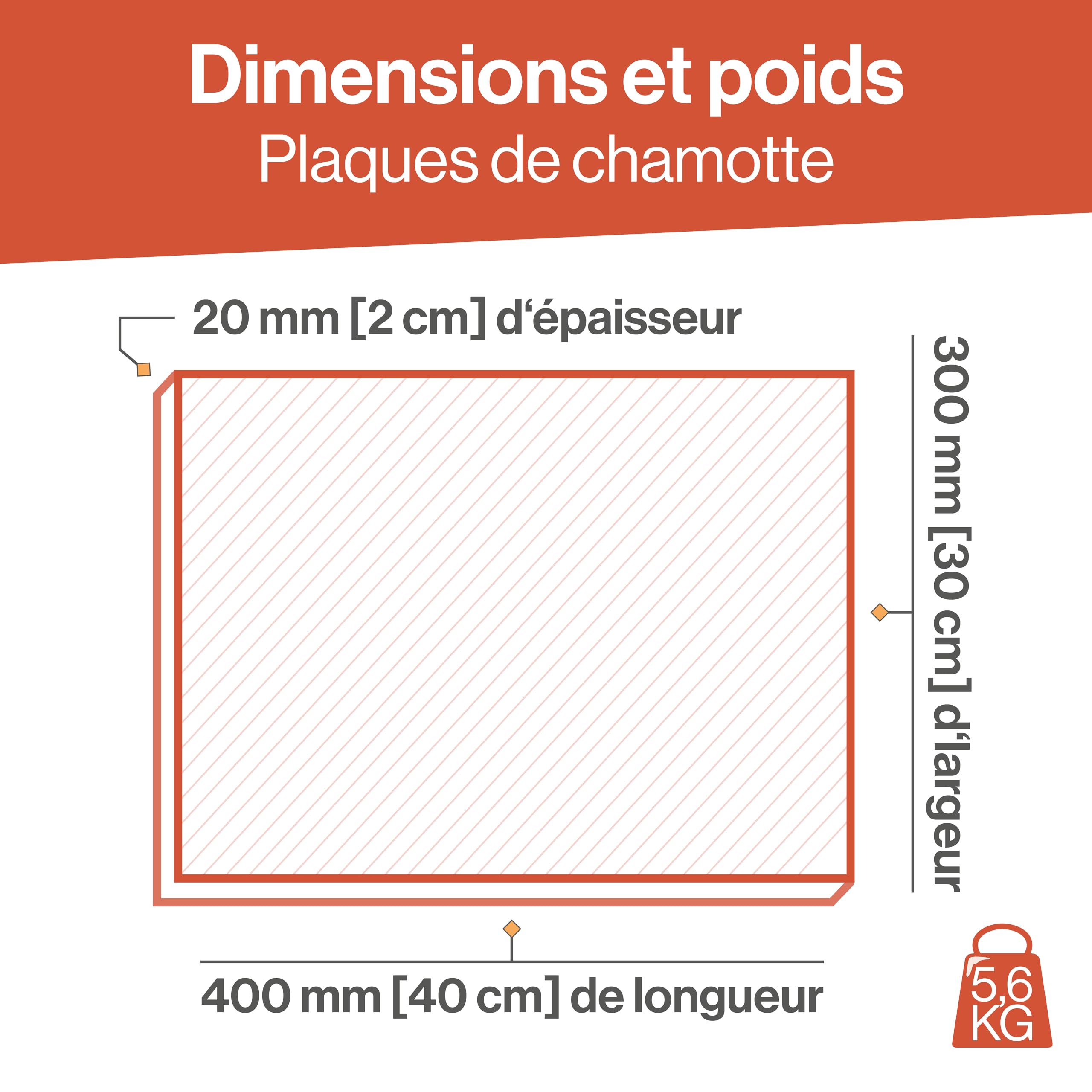Plaque réfractaire, briques réfractaires comme revêtement de poêles et cheminées, résistant à la chaleur jusqu'à 1400 °C, chamotte pour une accumulation efficace de la chaleur [400x300x20 mm]