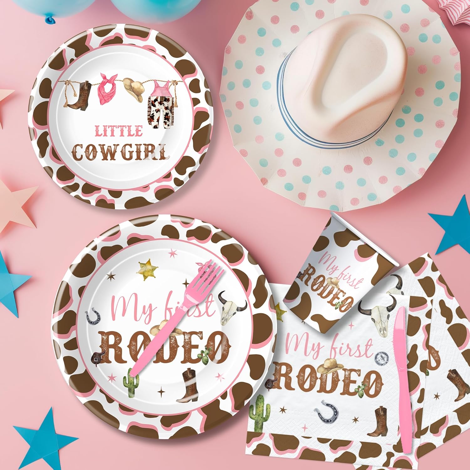 Western Cowgirl 1st Birthday Decorations Tableware, Wild West My First Rodeo Birthday Party Supplies Girl, Paper Plate, Cup, Napkin, Disposable Fork, Serves 24 (Pack of 2)