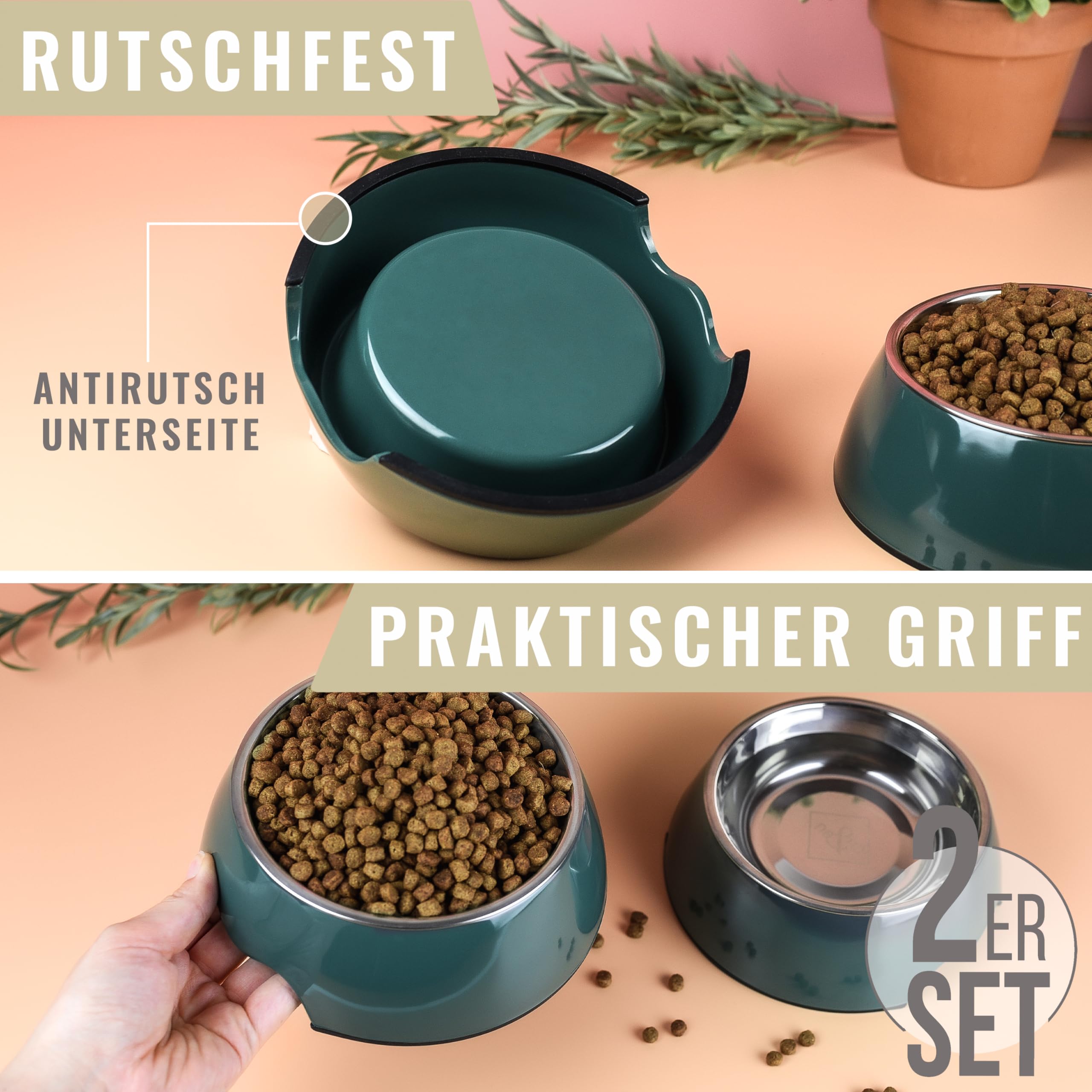 ne&no® Set of 2 pet bowls for dogs 700ml, hygienic and removable cups made of stainless steel with anti-slip bottom - Image 2