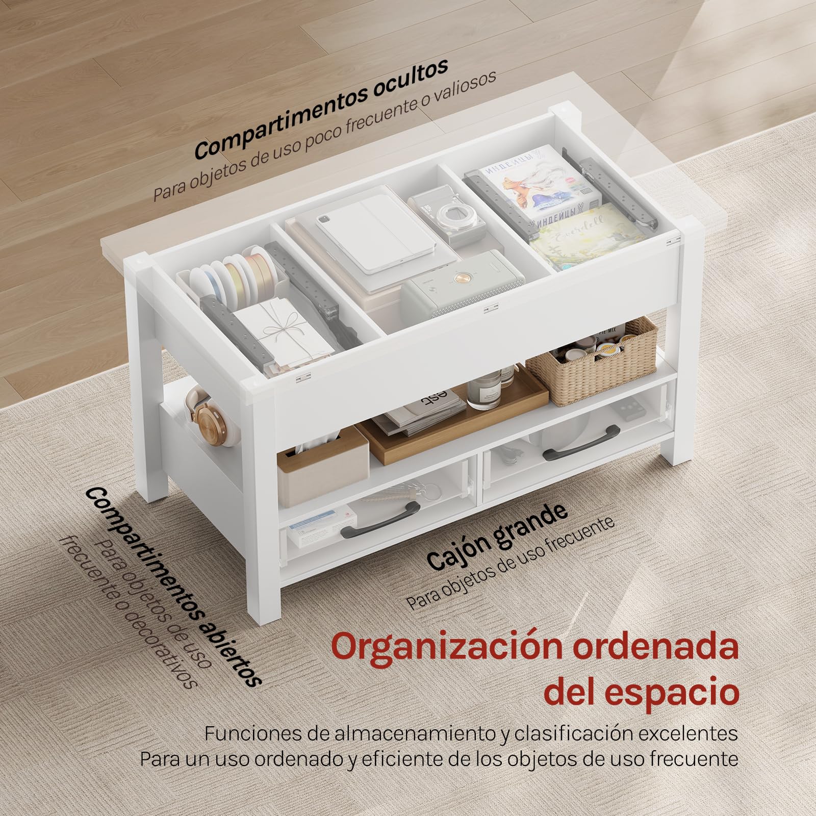 WOLTU Mesa de Centro Elevable, Mesita Salon con Espacio Oculto, Zona Abierta y 2 Cajones, Mesa Salón Elevador y Extensible, Multifuncional para Sala y Estudio, 100x50,5/100x53/66 cm, Blanco