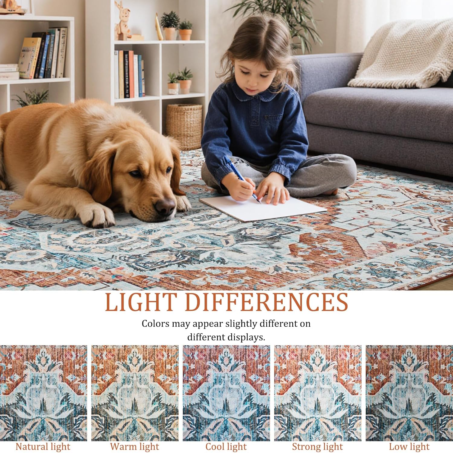 Noahas Area Rugs for Living Room，6x9 Machine Washable Vintage Rugs Non-Slip Low Pile Farmhouse Carpets for Entryway Bathroom Kitchen Bedroom Laundry Room Home Decor