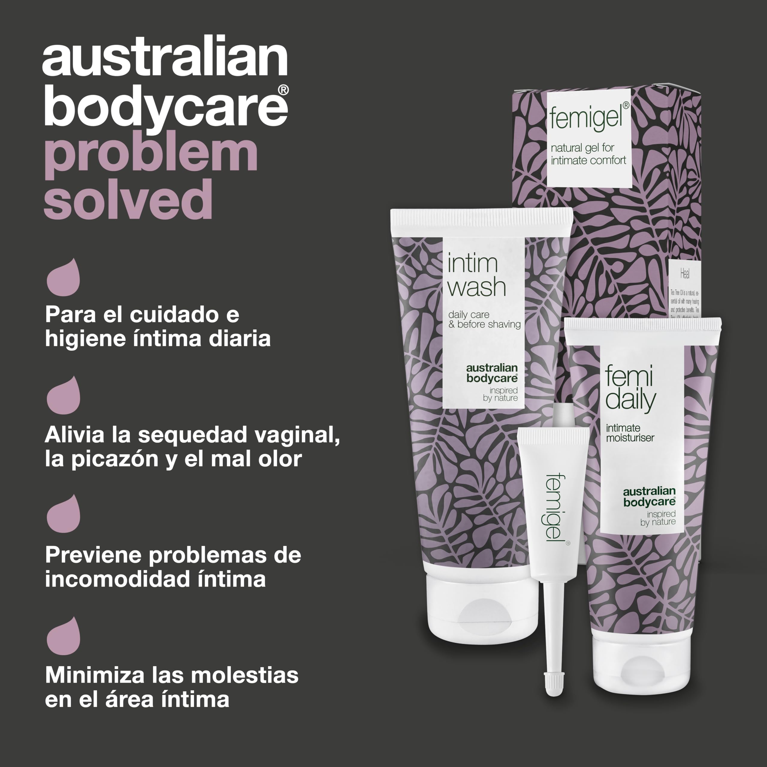 KIT de tratamiento íntimo: 3 productos para el cuidado íntimo | Reduce la sequedad, picazón y enrojecimiento | Contiene: Intim Wash 200 ml + Femi Daily 100 ml + Femigel 5x5 ml | Australian Bodycare