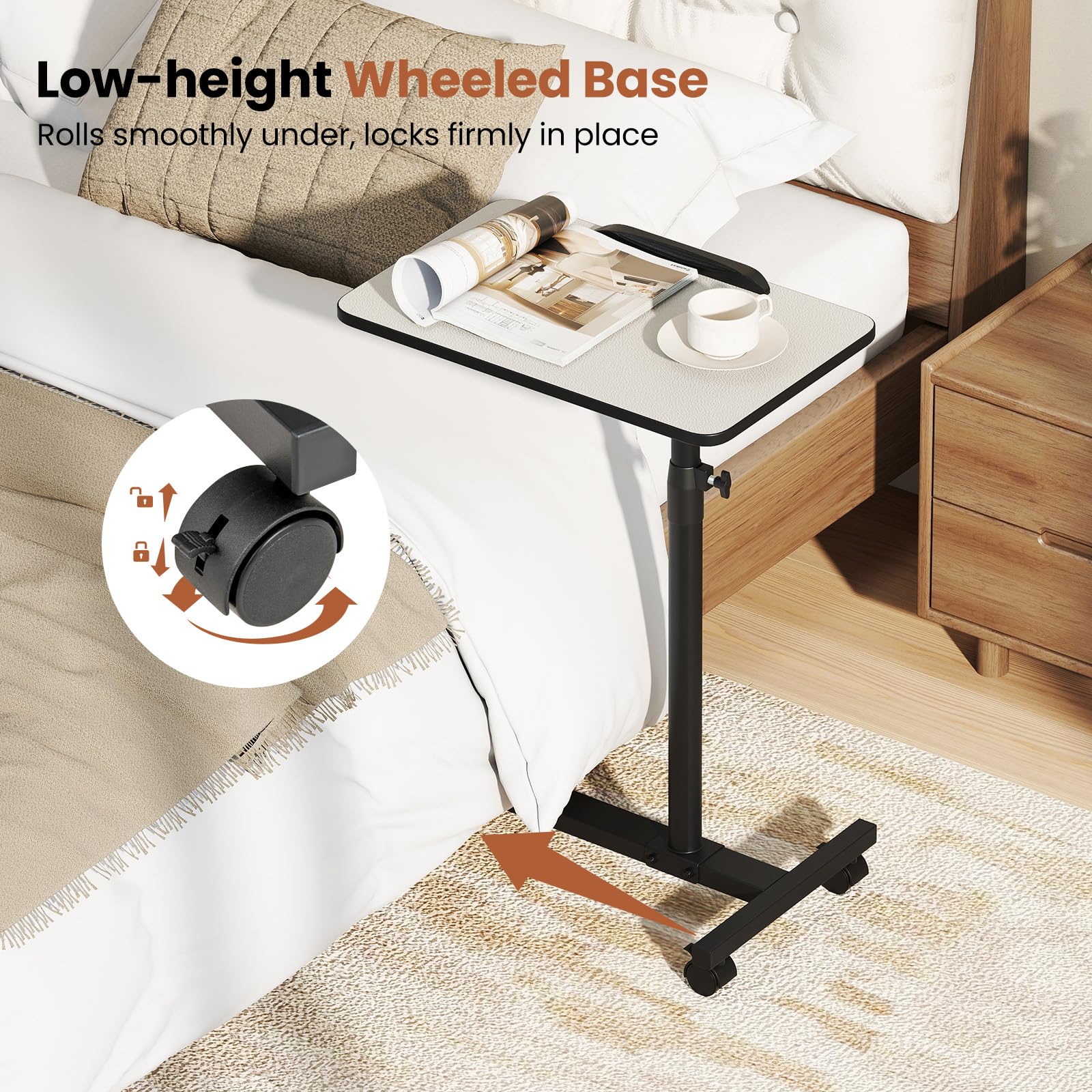 LIFEZEAL Mesa Auxiliar Ajustable en Altura, Bandeja Reclinable y Giratoria 360° en Forma de C, Mesa Enrollable Multifunción con Ruedas para Sofá, Cama, Oficina, 52 x 33 x 69-112 cm (Blanco)