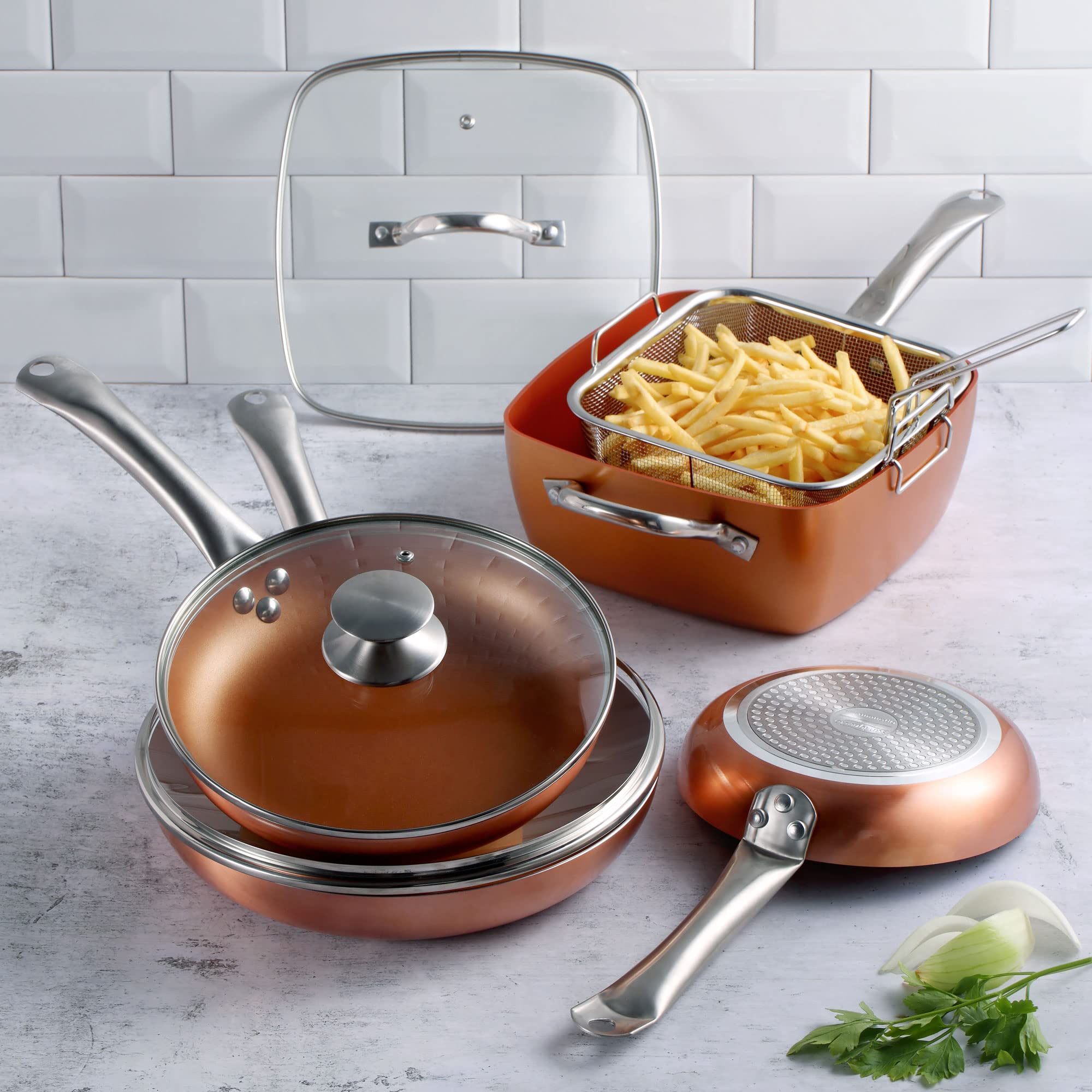 SAN IGNACIO Optimum Copper | Sartenes Antiadherentes | Set de 3 Sartenes de 20/24/28 cms de Diámetro y 2 Tapas | Fabricadas con Aluminio Prensado | Revestimiento Multiclad | Todo Tipo de Cocinas