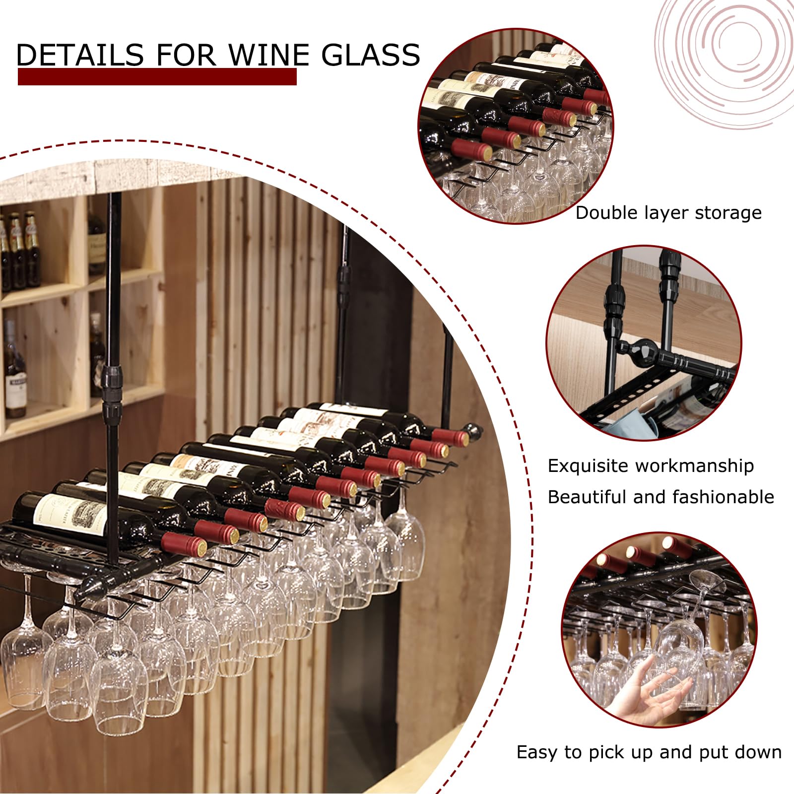 Soportes para Copas Colgante, Altura Ajustable Techo Botellero, Metal Porta Bottiglie da Vino Soporte de Copas Sostenedor para Barra Bar/Club/Armarios para Vino (BK, 120 * 30cm)