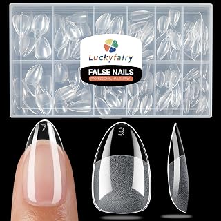 LUCKYFAIRY Short Almond Nail Tips 240pcs Soft Gel Press-On Fake Nails, 12 Sizes Matte Full Cover Clear Gelly Tips for DIY Extension Manicure