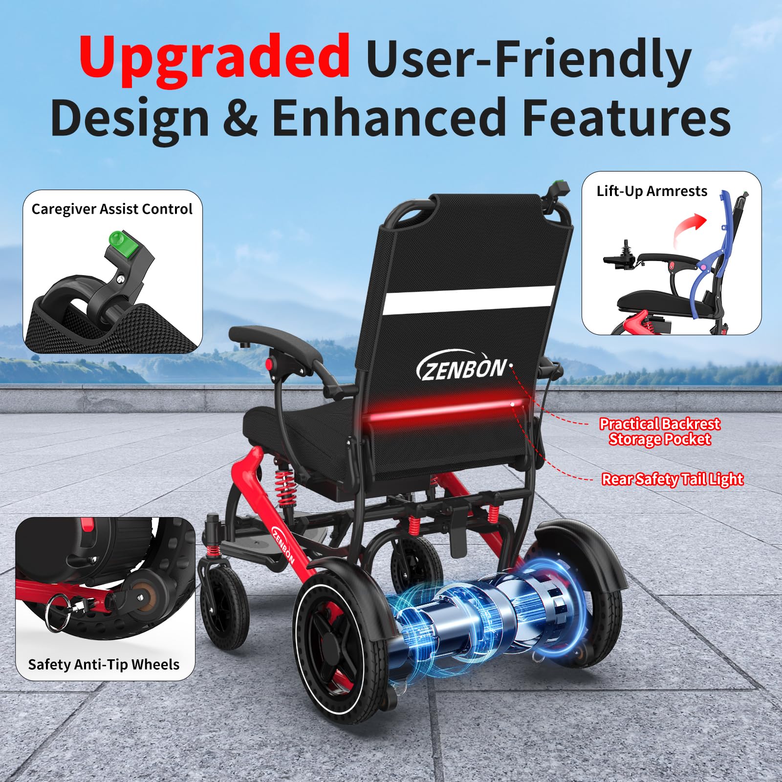 Rollstuhl Elektrisch Leicht Faltbar 17.8kg: Elektrischer Rollstuhl mit Fernbedienung und Hinterer Schiebehilfeknopf - All Terrain Elektrischer Rollstuhl Klappbarer 150KG (Rot Schwarz)