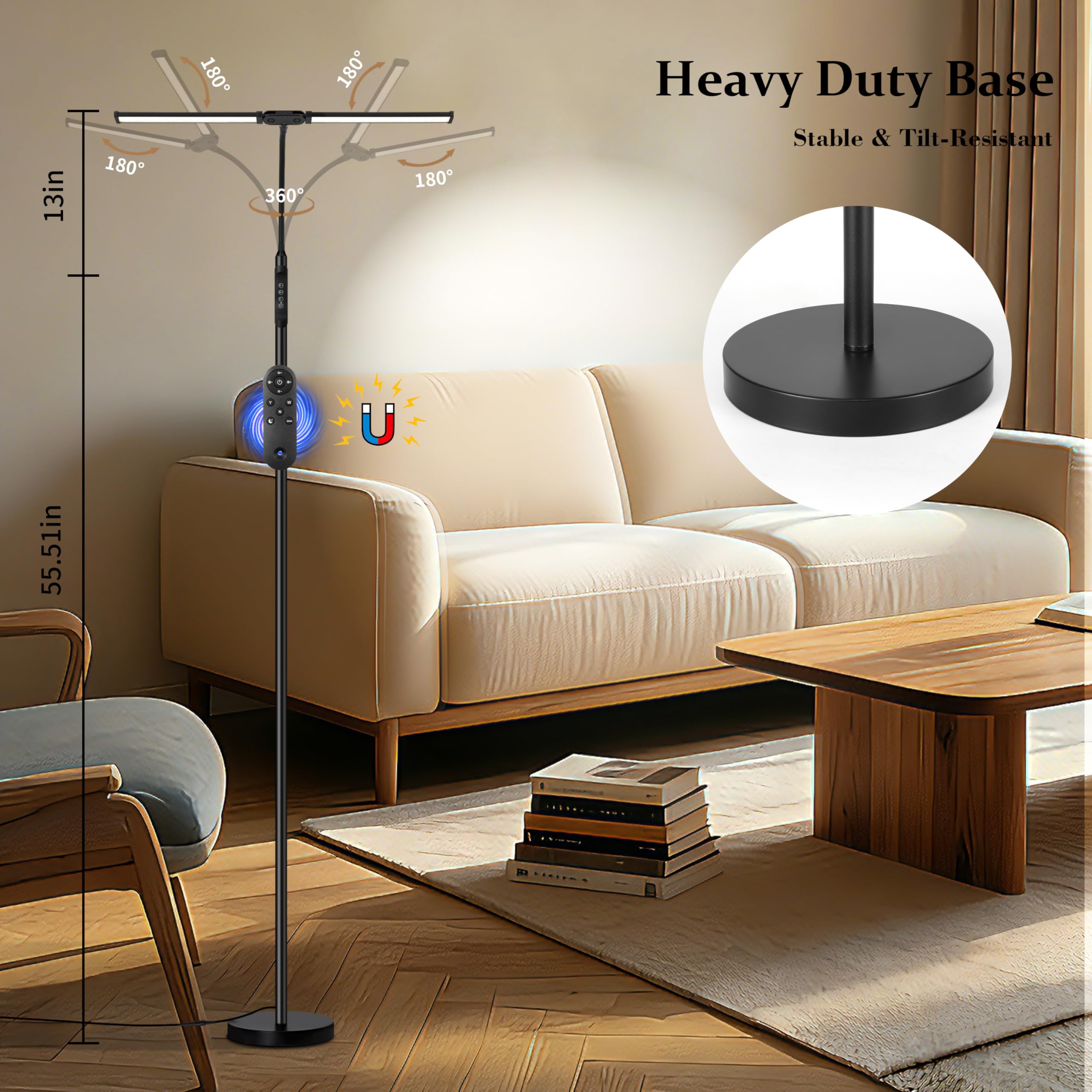 Augenschonende Stehlampe für den Innenbereich, 3000K–6000K und Helligkeit einstellbar, Fernbedienung und Touch-Bedienung, Leselampe mit verstellbarer Höhe, flexibler Schwanenhals für Wohnzimmer und Sc
