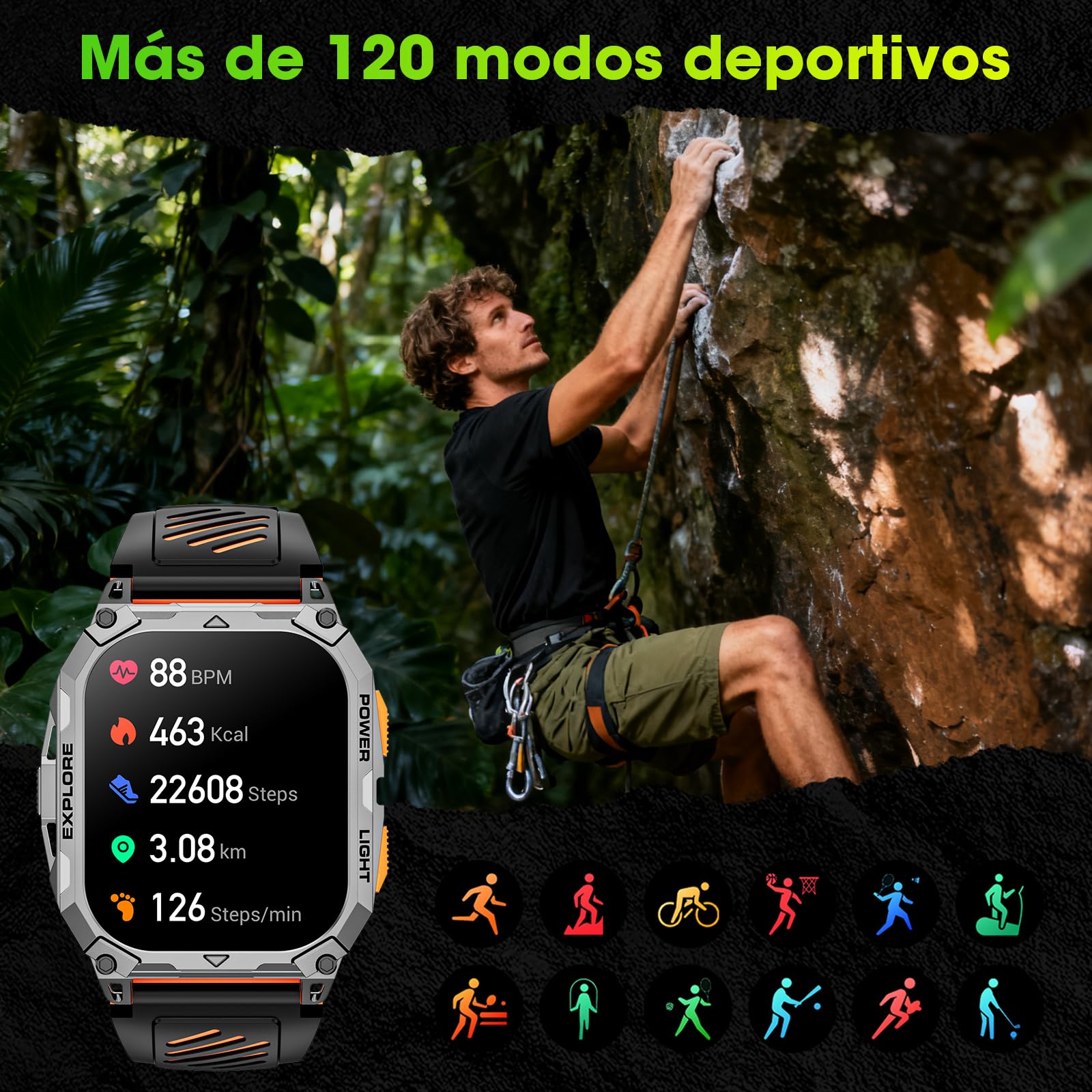 Reloj Inteligente Hombre con Linterna/1000 mAh Batería, 2.01" HD Smartwatch Militar con 110+ Modos Deportivos, Relojes Inteligentes Hombre con Bluetooth Llamadas/Monitor Sueño/Pulsómetro Android iOS